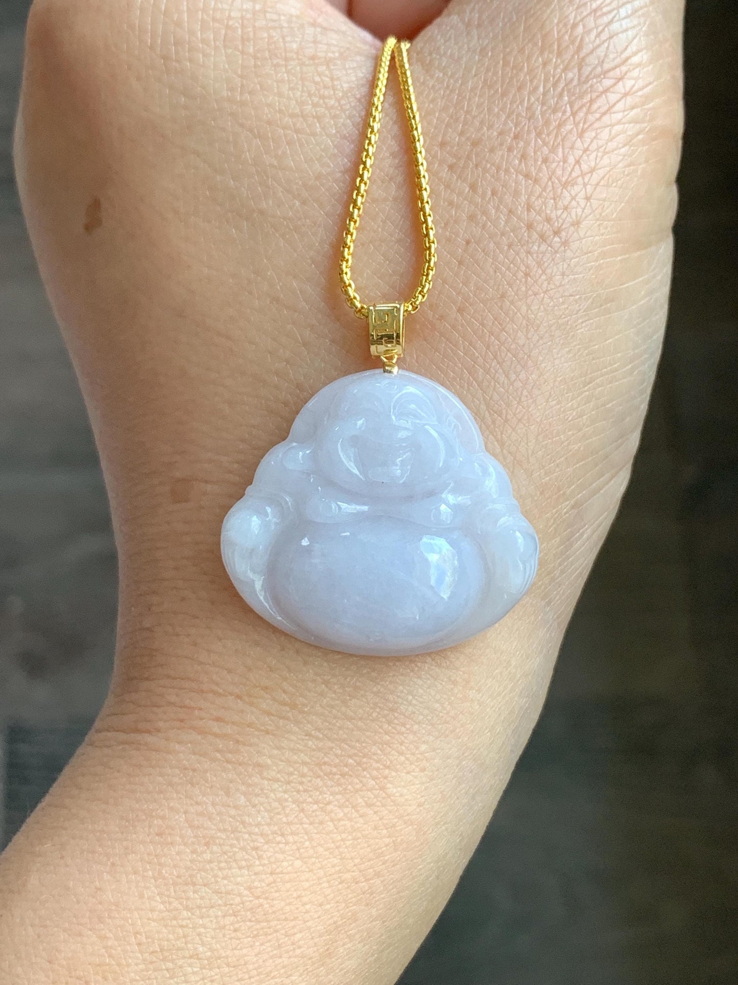Natural Burmese Icy Translucent White Jadeite Carved Buddha Pendant 18K Yellow Gold Bail 5g 天然缅甸细糯白冰紫底翡翠佛公镶嵌吊坠 B