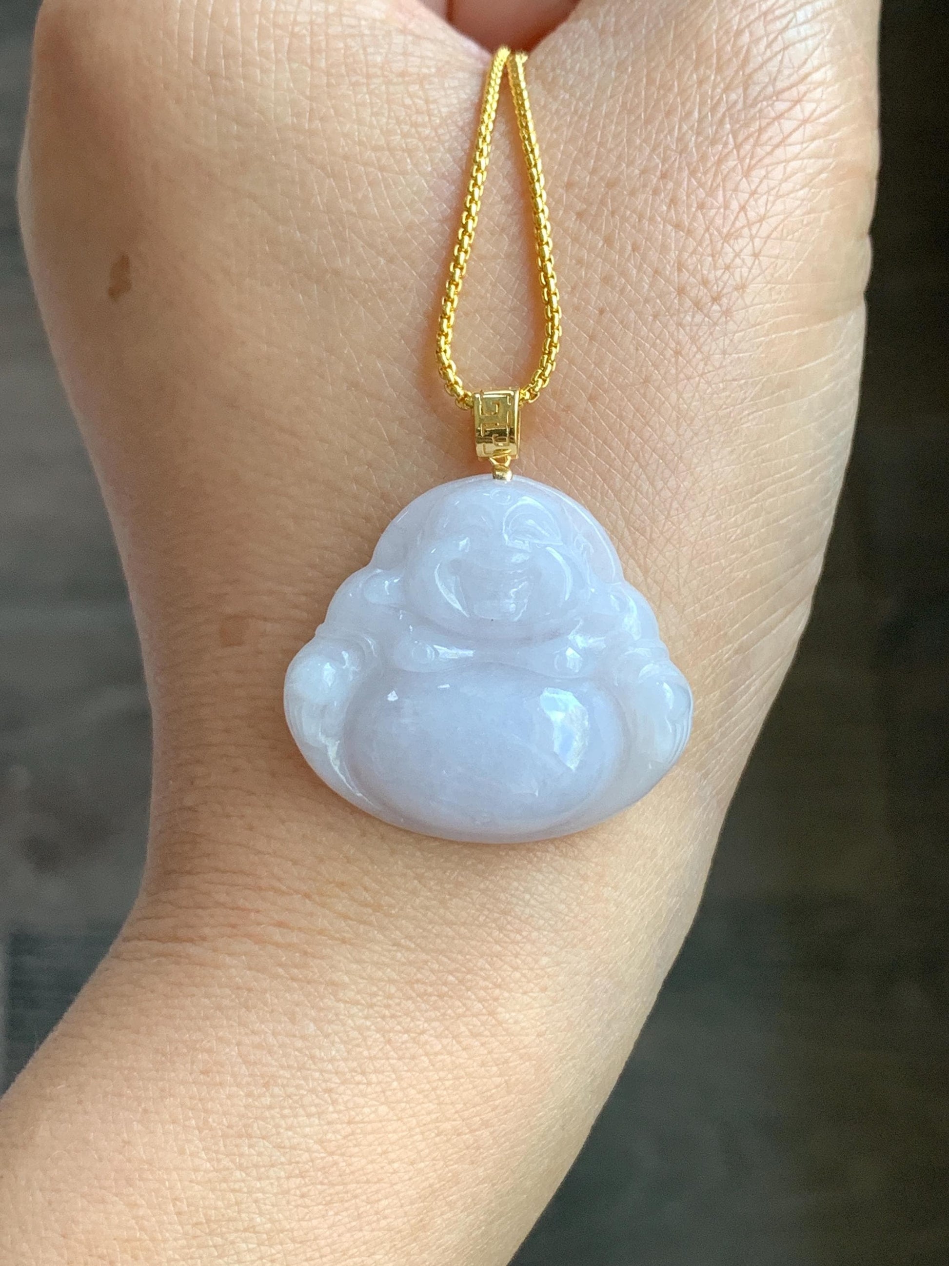 Natural Burmese Icy Translucent White Jadeite Carved Buddha Pendant 18K Yellow Gold Bail 5g 天然缅甸细糯白冰紫底翡翠佛公镶嵌吊坠 B