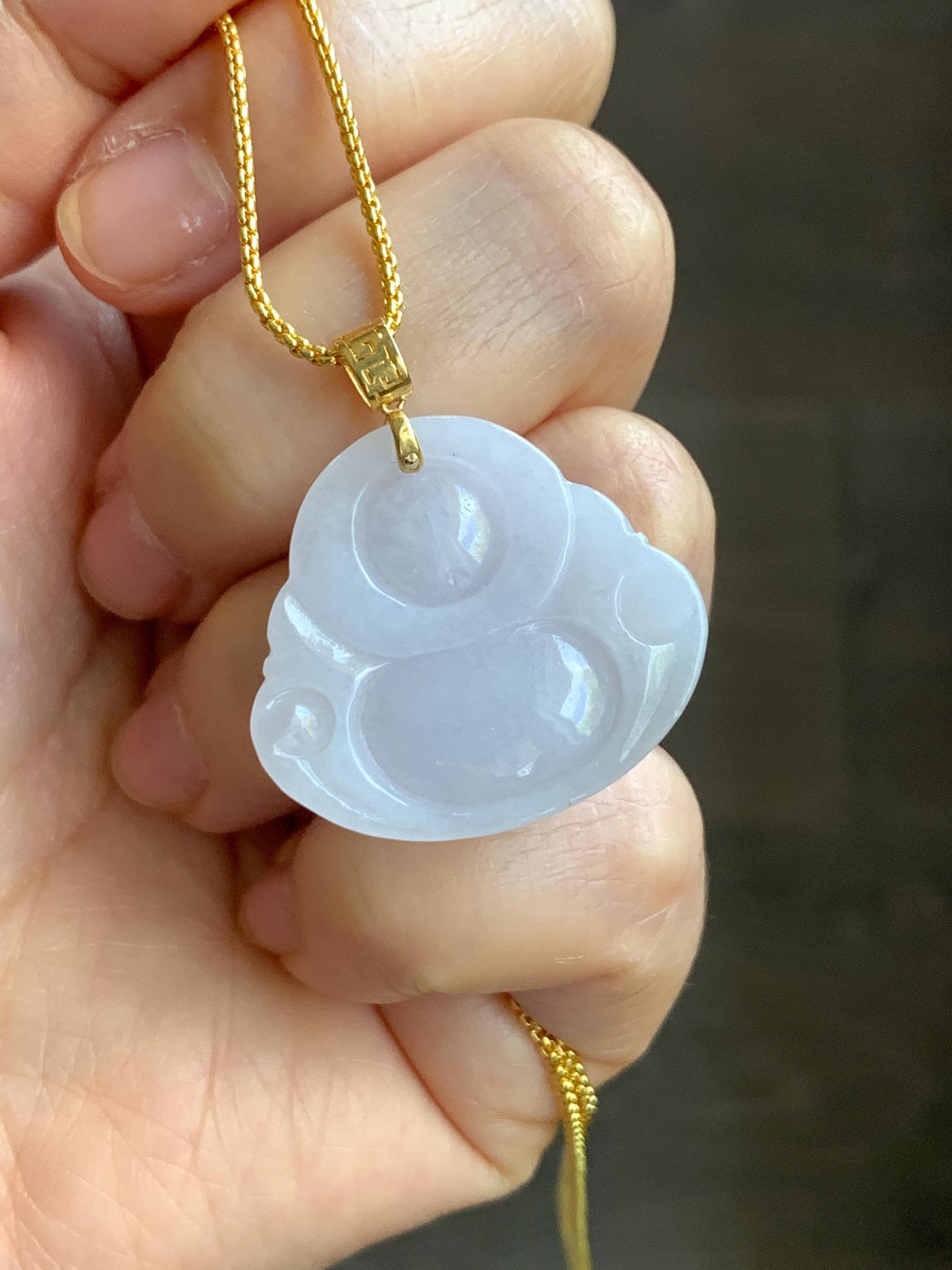 Natural Burmese Icy Translucent White Jadeite Carved Buddha Pendant 18K Yellow Gold Bail 5g 天然缅甸细糯白冰紫底翡翠佛公镶嵌吊坠 B
