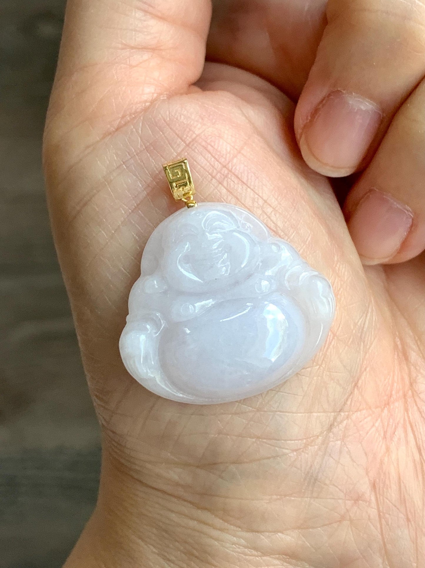 Natural Burmese Icy Translucent White Jadeite Carved Buddha Pendant 18K Yellow Gold Bail 5g 天然缅甸细糯白冰紫底翡翠佛公镶嵌吊坠 B