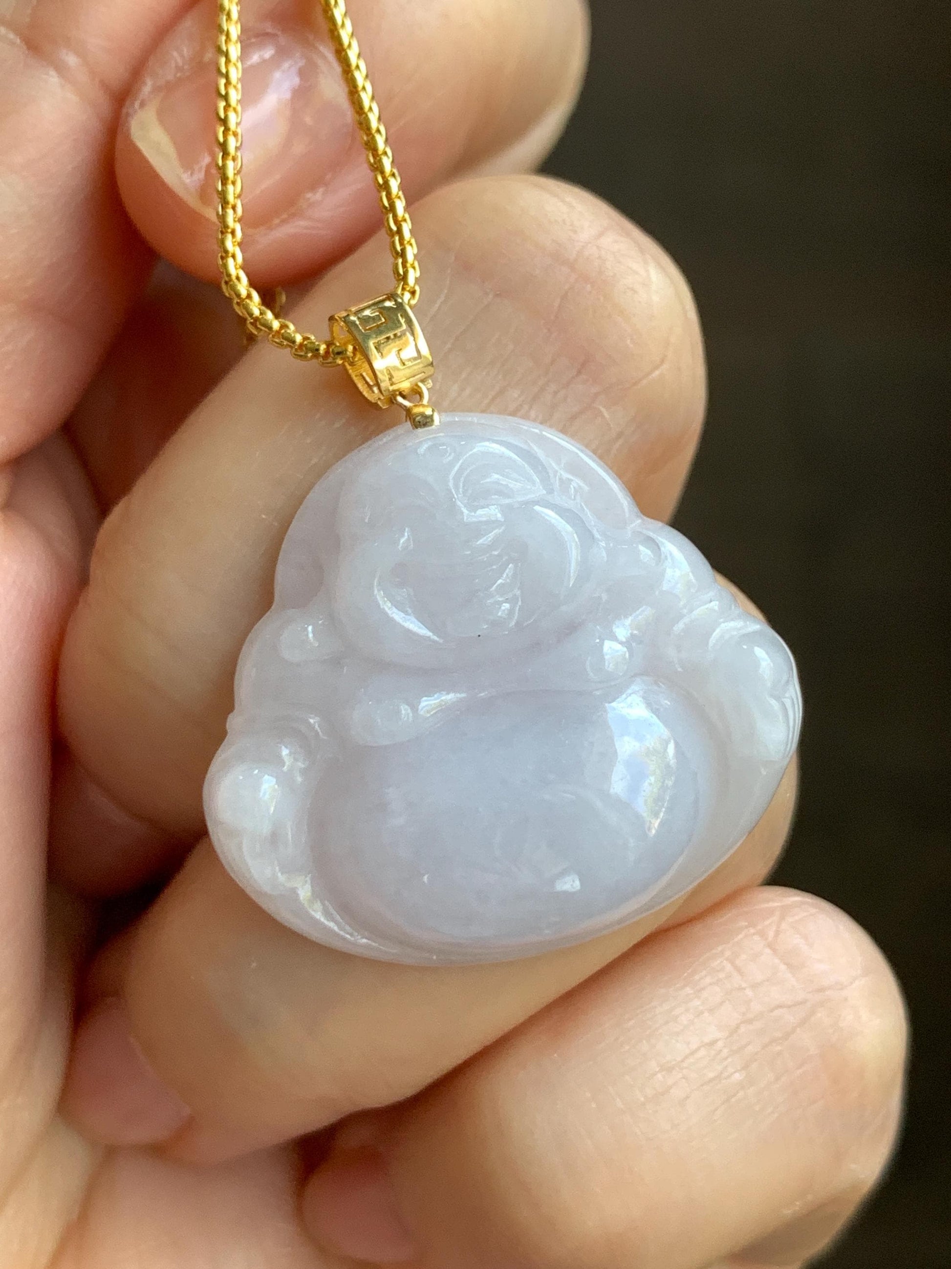 Natural Burmese Icy Translucent White Jadeite Carved Buddha Pendant 18K Yellow Gold Bail 5g 天然缅甸细糯白冰紫底翡翠佛公镶嵌吊坠 B
