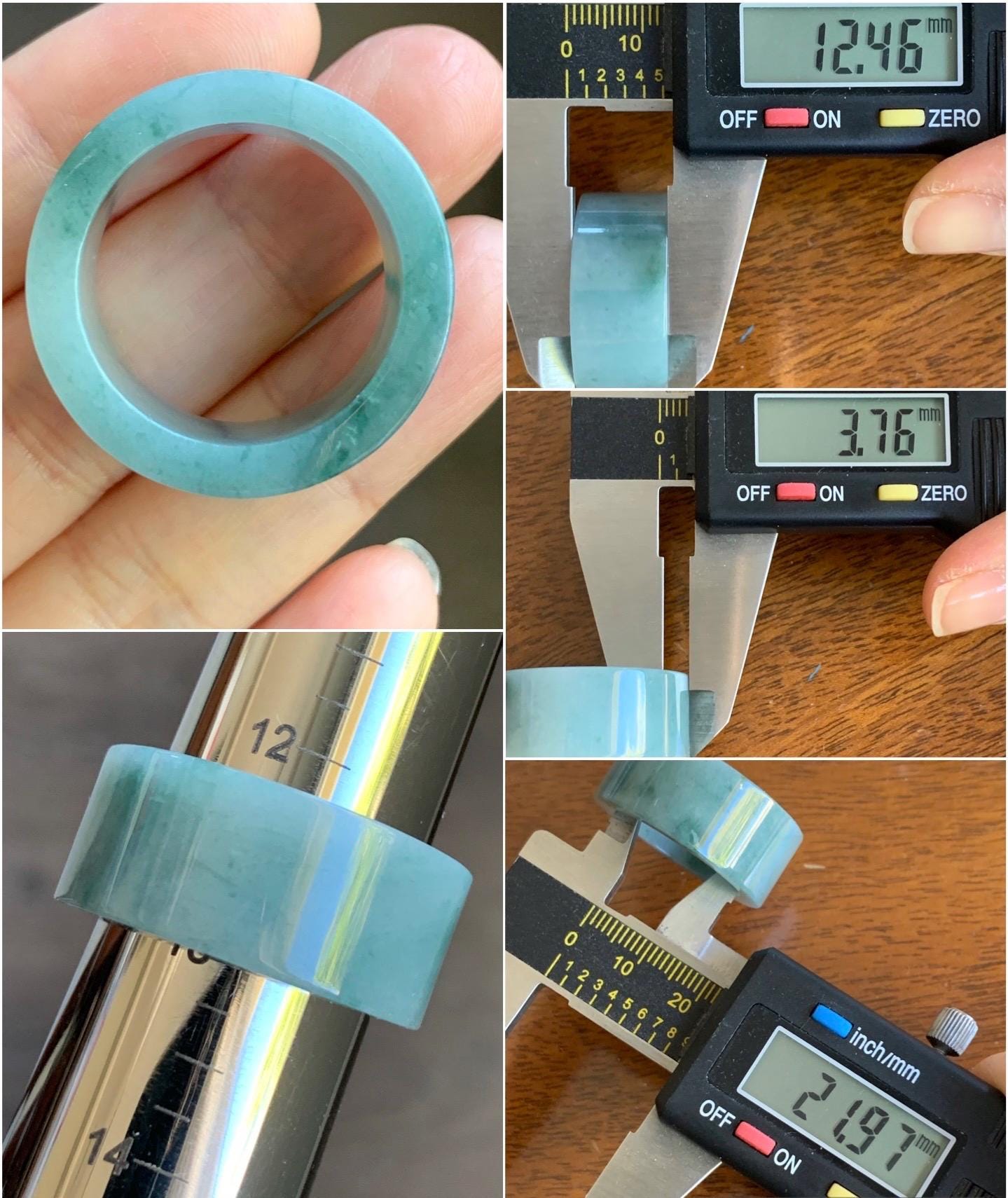 Natural Guatemalan Icy Translucent Light Dusty Blue Dark Green Marbled Jadeite Wide Banzhi Band Ring Size 12.5 12g 天然危淡蓝飘花翡翠扳指戒圈