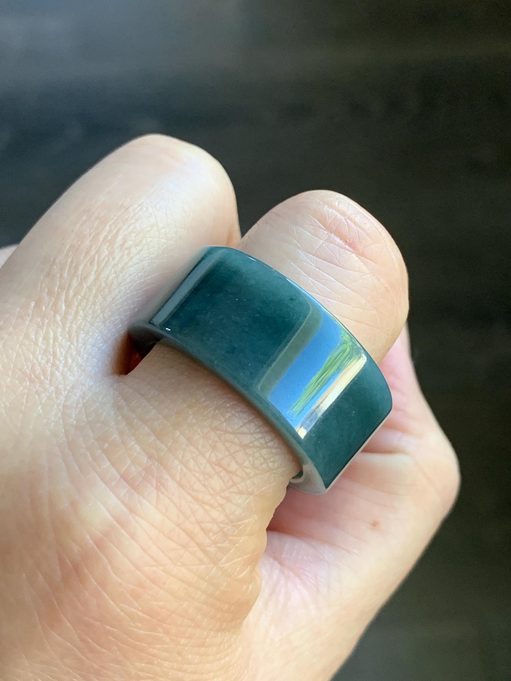 Natural Guatemalan Icy Translucent Dark Dusty Blue Jadeite Wide Banzhi Band Ring Size 12.5 12g 天然危淡深蓝翡翠扳指戒圈