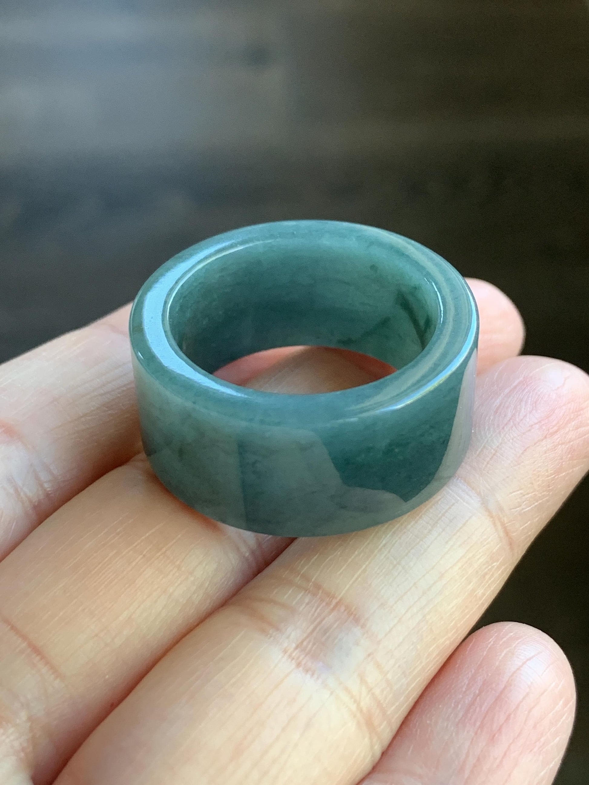 Natural Guatemalan Icy Translucent Dark Dusty Blue Jadeite Wide Banzhi Band Ring Size 12.5 12g 天然危淡深蓝翡翠扳指戒圈