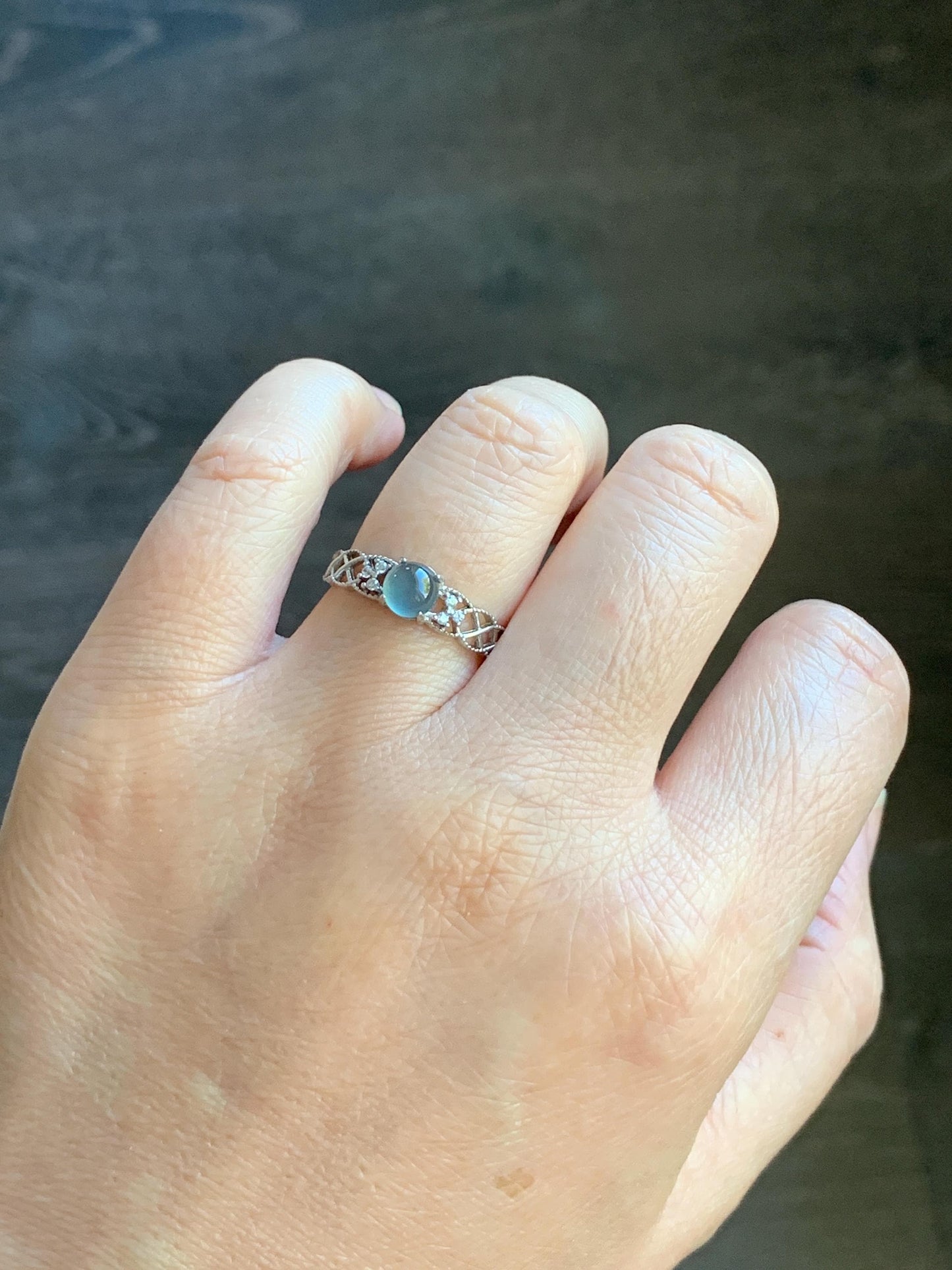 Natural Guatemalan Icy Highly Translucent Light Blue Jadeite Solitaire Open Band Ring Sterling Silver size 7 Adjustable 天然冰危淡蓝翡翠开口银镶戒指 WLY95
