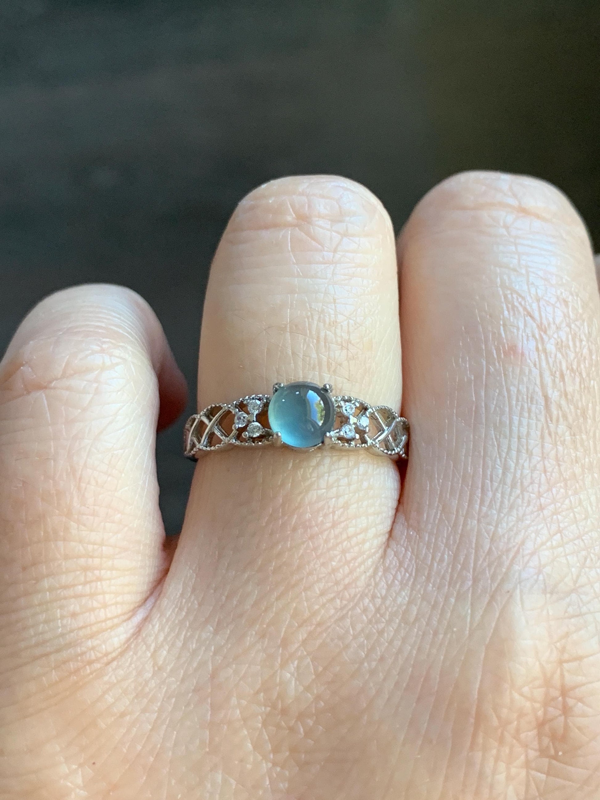 Natural Guatemalan Icy Highly Translucent Light Blue Jadeite Solitaire Open Band Ring Sterling Silver size 7 Adjustable 天然冰危淡蓝翡翠开口银镶戒指 WLY95