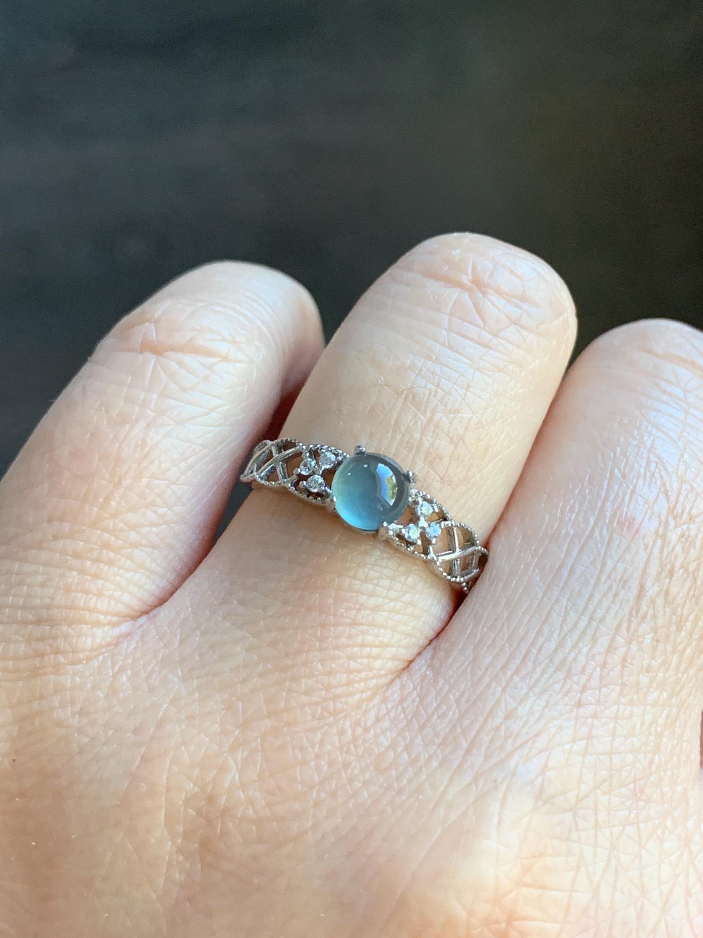 Natural Guatemalan Icy Highly Translucent Light Blue Jadeite Solitaire Open Band Ring Sterling Silver size 7 Adjustable 天然冰危淡蓝翡翠开口银镶戒指 WLY95