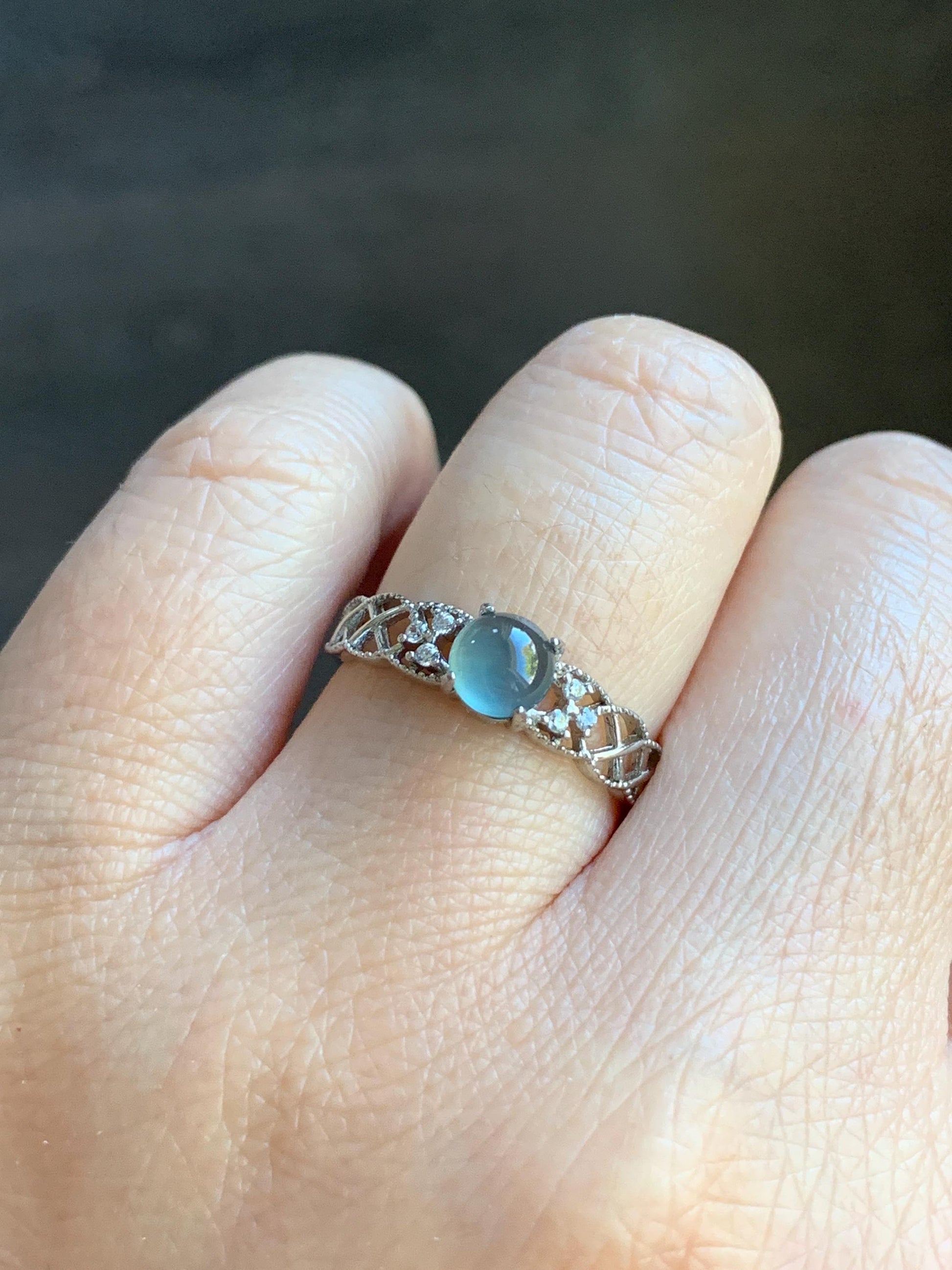 Natural Guatemalan Icy Highly Translucent Light Blue Jadeite Solitaire Open Band Ring Sterling Silver size 7 Adjustable 天然冰危淡蓝翡翠开口银镶戒指 WLY95