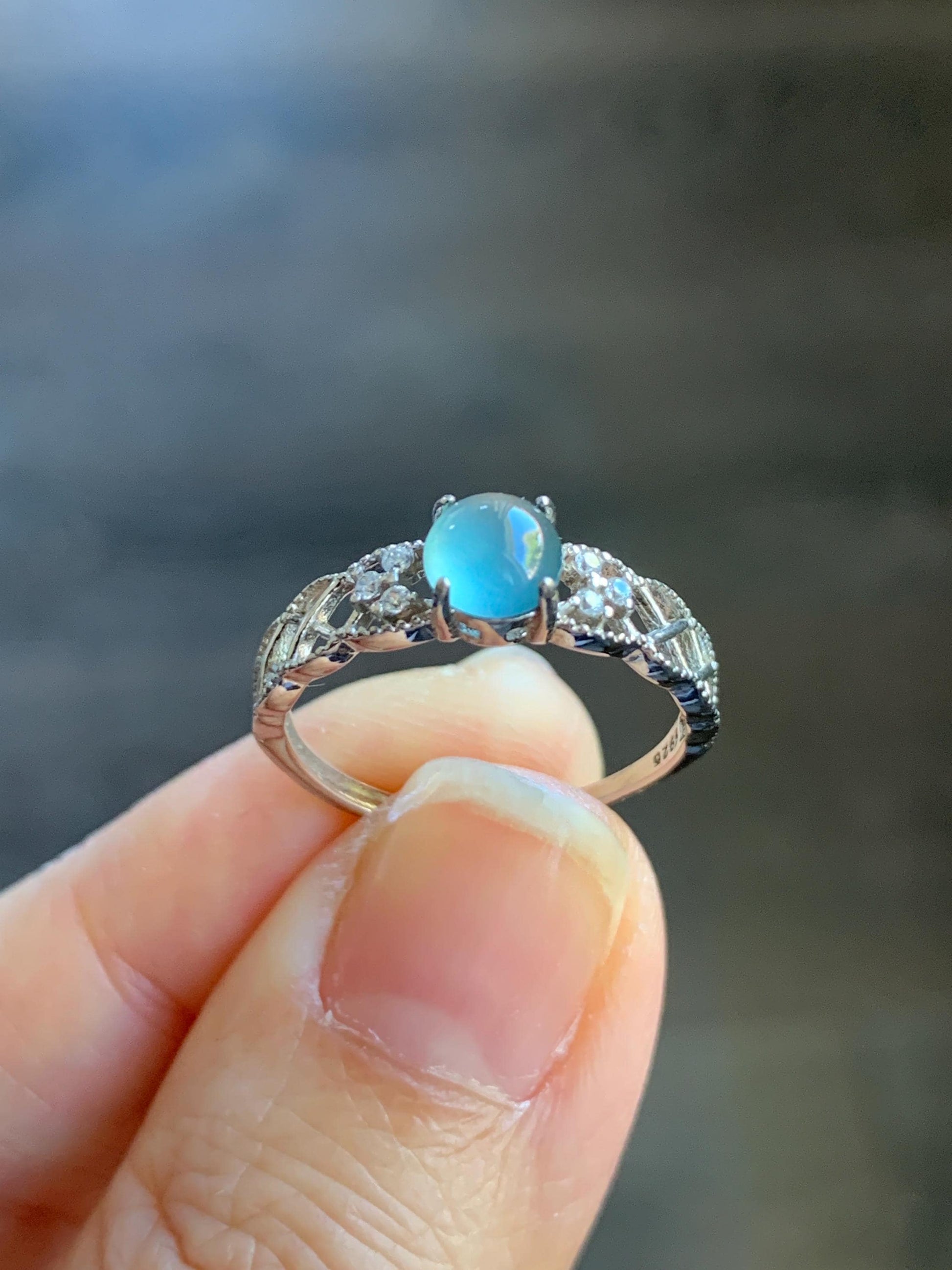 Natural Guatemalan Icy Highly Translucent Light Blue Jadeite Solitaire Open Band Ring Sterling Silver size 7 Adjustable 天然冰危淡蓝翡翠开口银镶戒指 WLY95