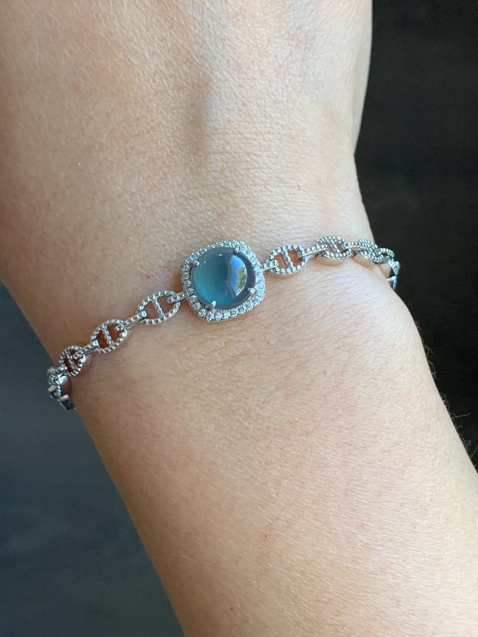 Natural Guatemalan Grade A Icy Highly Translucent Teal Blue Jadeite Chain Bracelet Sterling Silver 5" -7.5” Adjustable 天然冰危蓝起光翡翠银镶手链