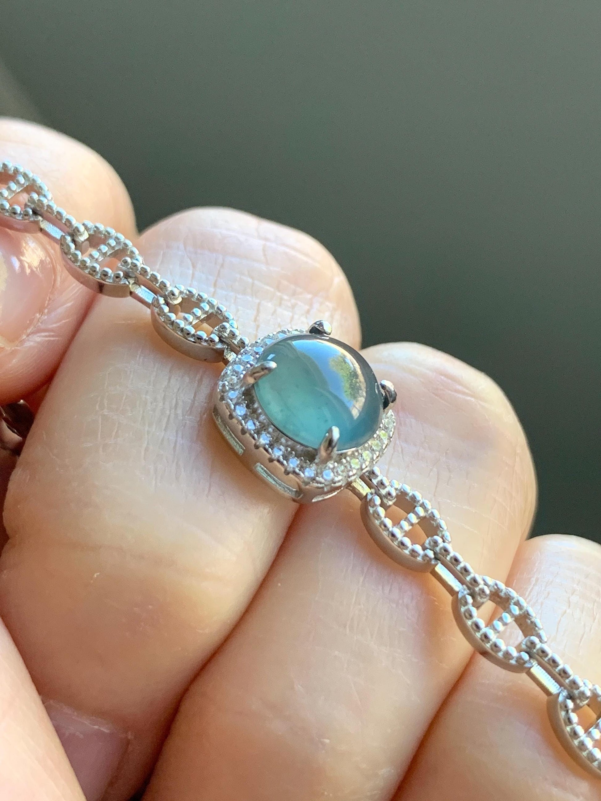 Natural Guatemalan Grade A Icy Highly Translucent Teal Blue Jadeite Chain Bracelet Sterling Silver 5" -7.5” Adjustable 天然冰危蓝起光翡翠银镶手链