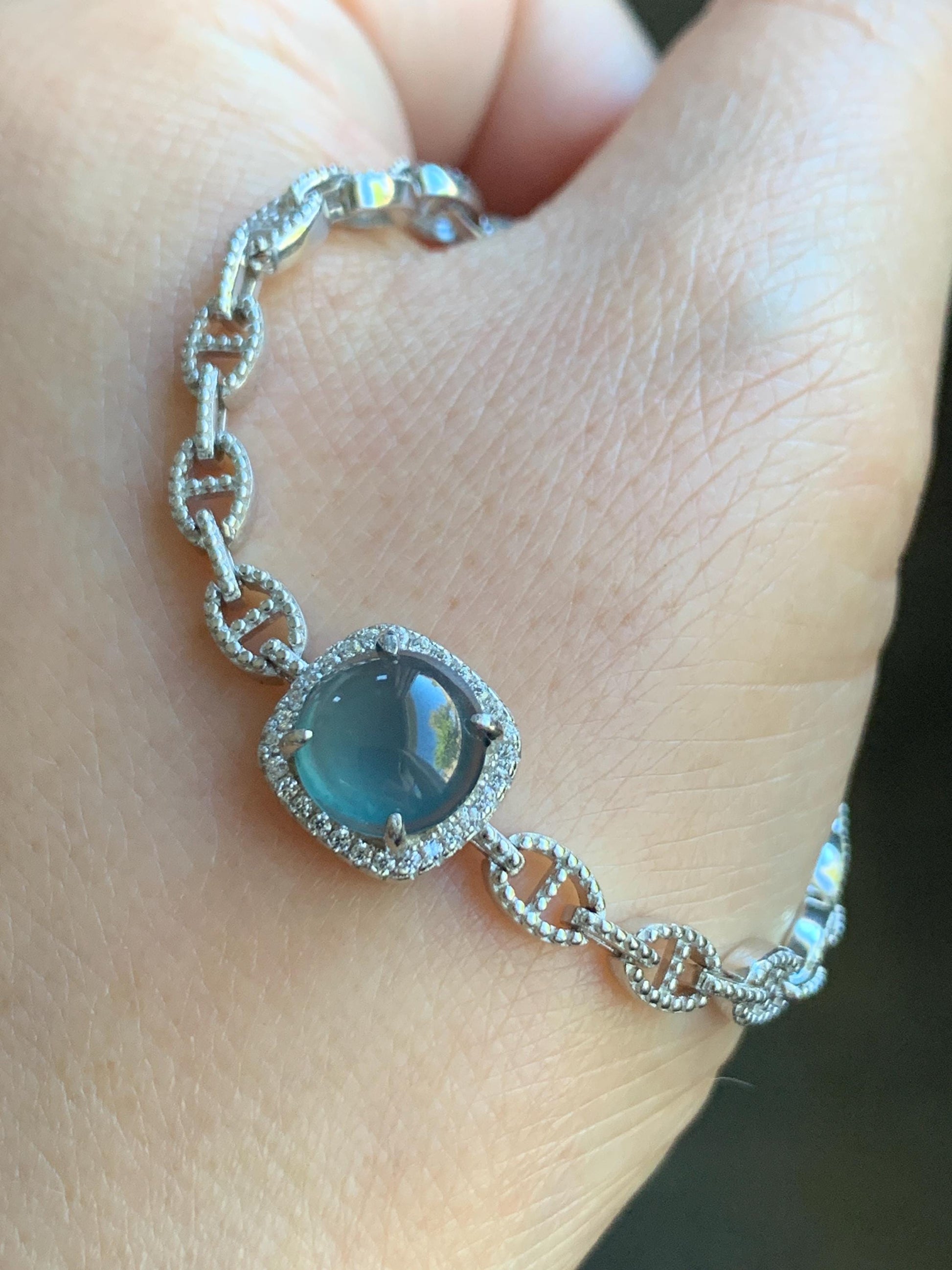 Natural Guatemalan Grade A Icy Highly Translucent Teal Blue Jadeite Chain Bracelet Sterling Silver 5" -7.5” Adjustable 天然冰危蓝起光翡翠银镶手链