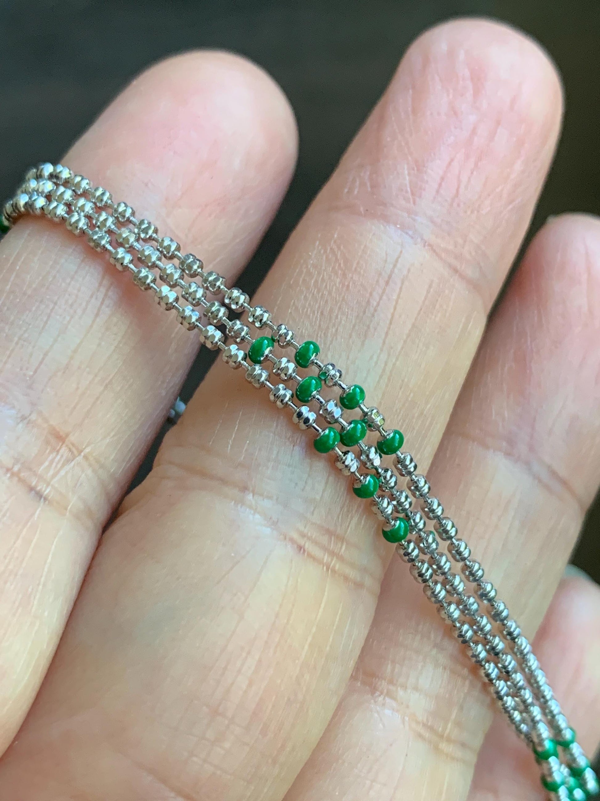 S925 Sterling Silver Beads Green Enamel Beads Beaded Chain Necklace Adjustable up to 20" 3g 1.4mm 1.8mm S925纯银银珠绿色烤漆银珠可调节项链