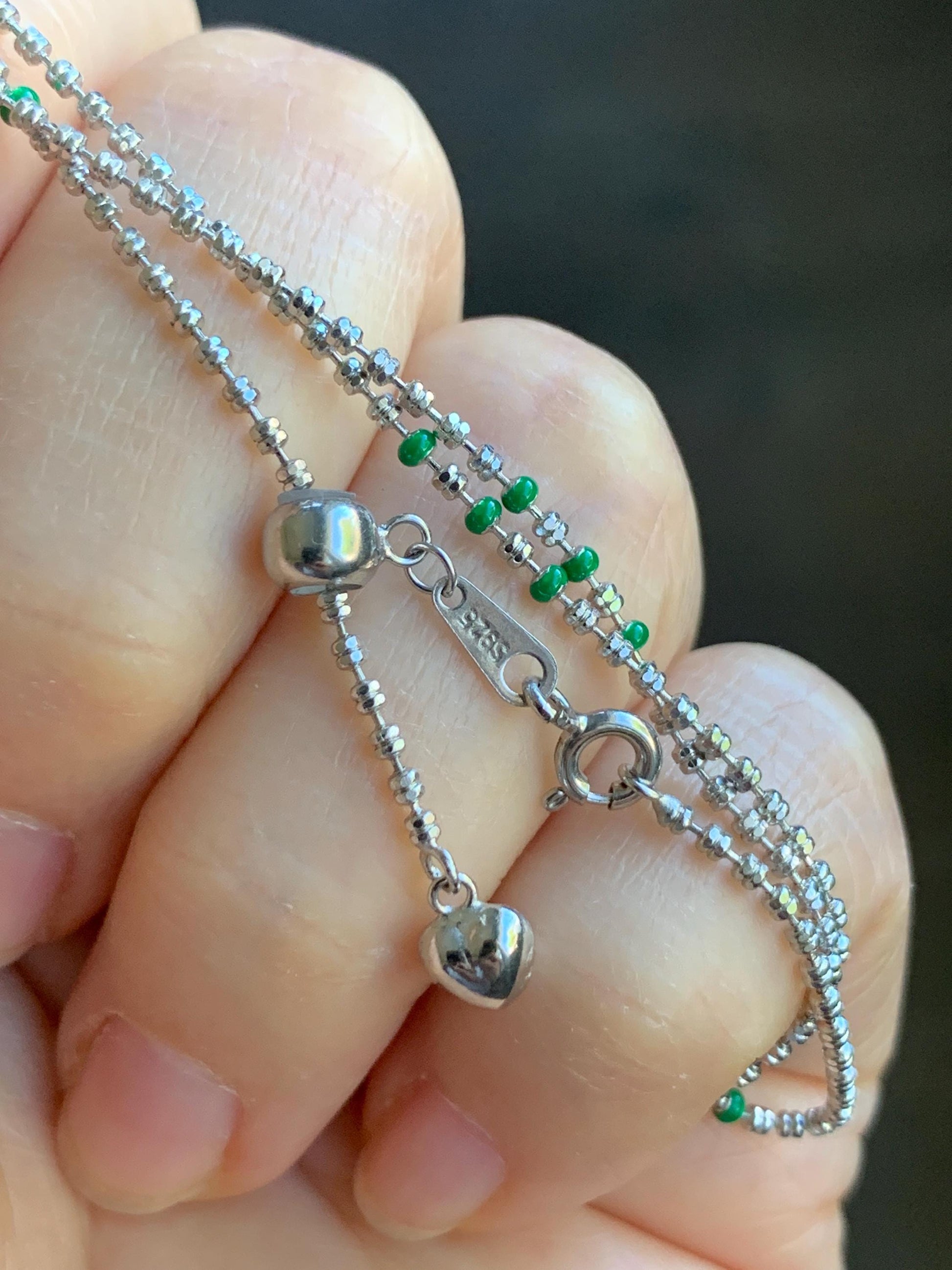 S925 Sterling Silver Beads Green Enamel Beads Beaded Chain Necklace Adjustable up to 20" 3g 1.4mm 1.8mm S925纯银银珠绿色烤漆银珠可调节项链