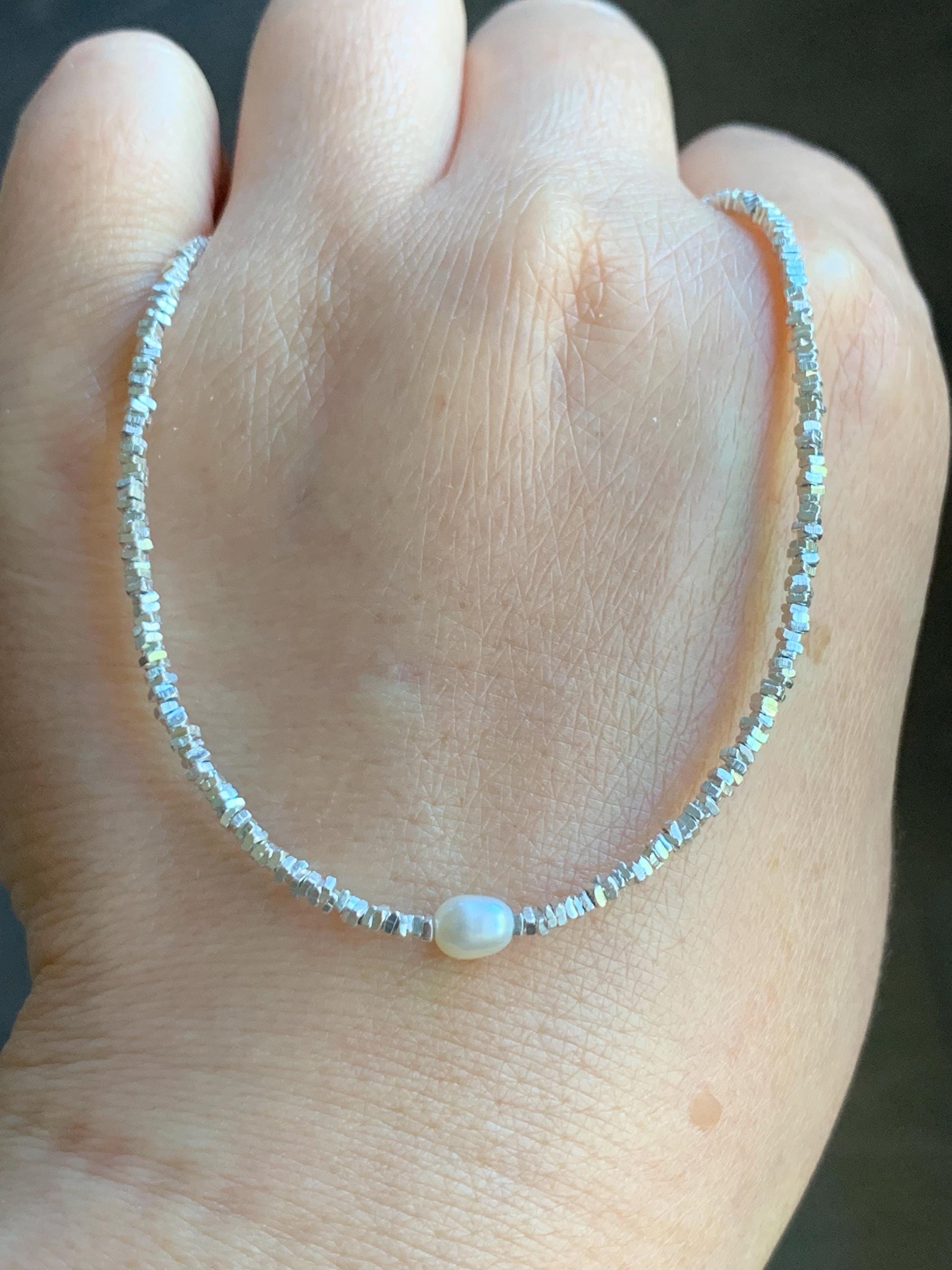 S925 Sterling Silver Triangle Beads & Natural Freshwater Pearl Beaded Chain Necklace Adjustable 15.5"-17.25” 7g 2mm S925纯银碎碎三角银珠珍珠项链