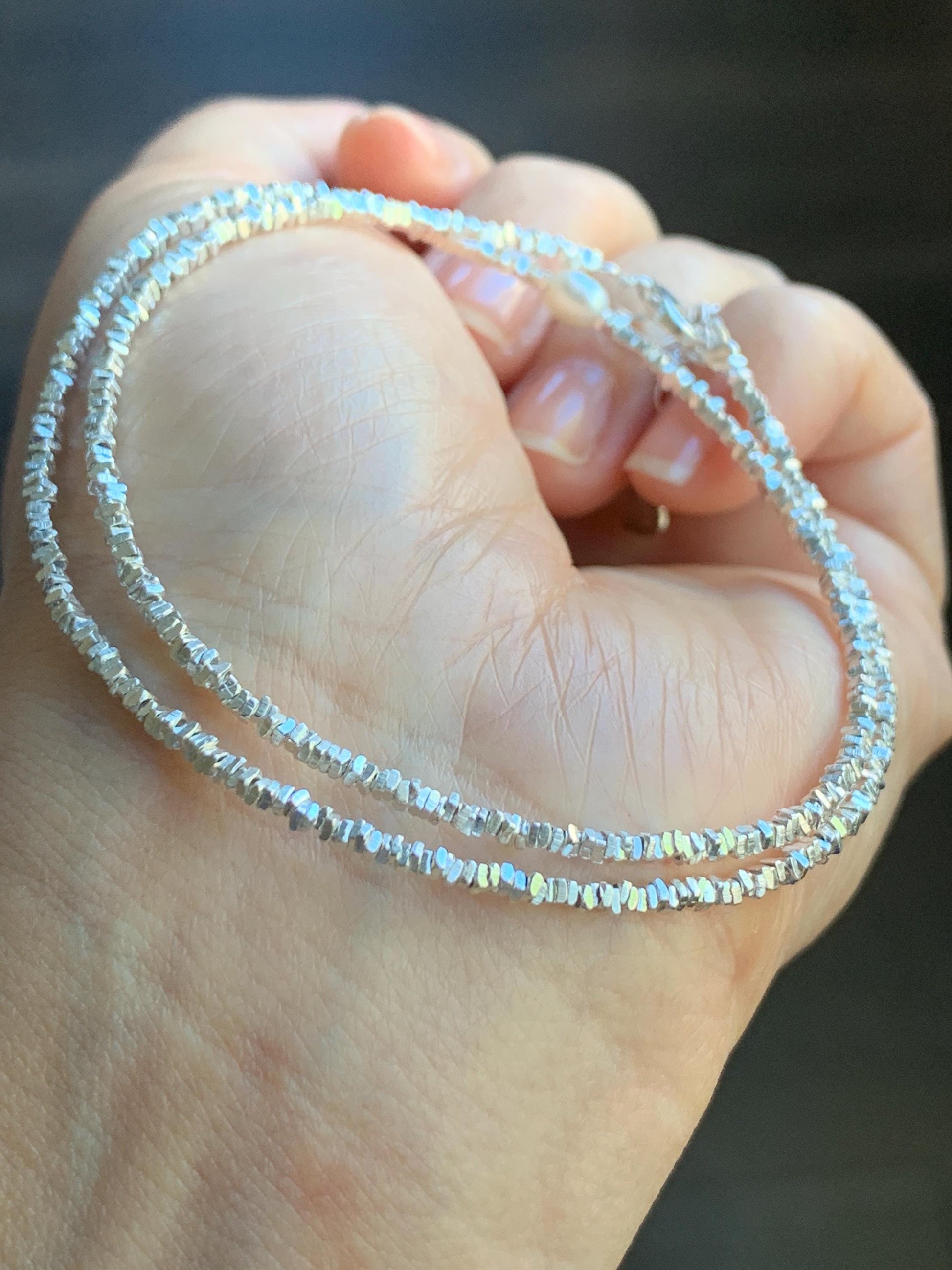 S925 Sterling Silver Triangle Beads & Natural Freshwater Pearl Beaded Chain Necklace Adjustable 15.5"-17.25” 7g 2mm S925纯银碎碎三角银珠珍珠项链
