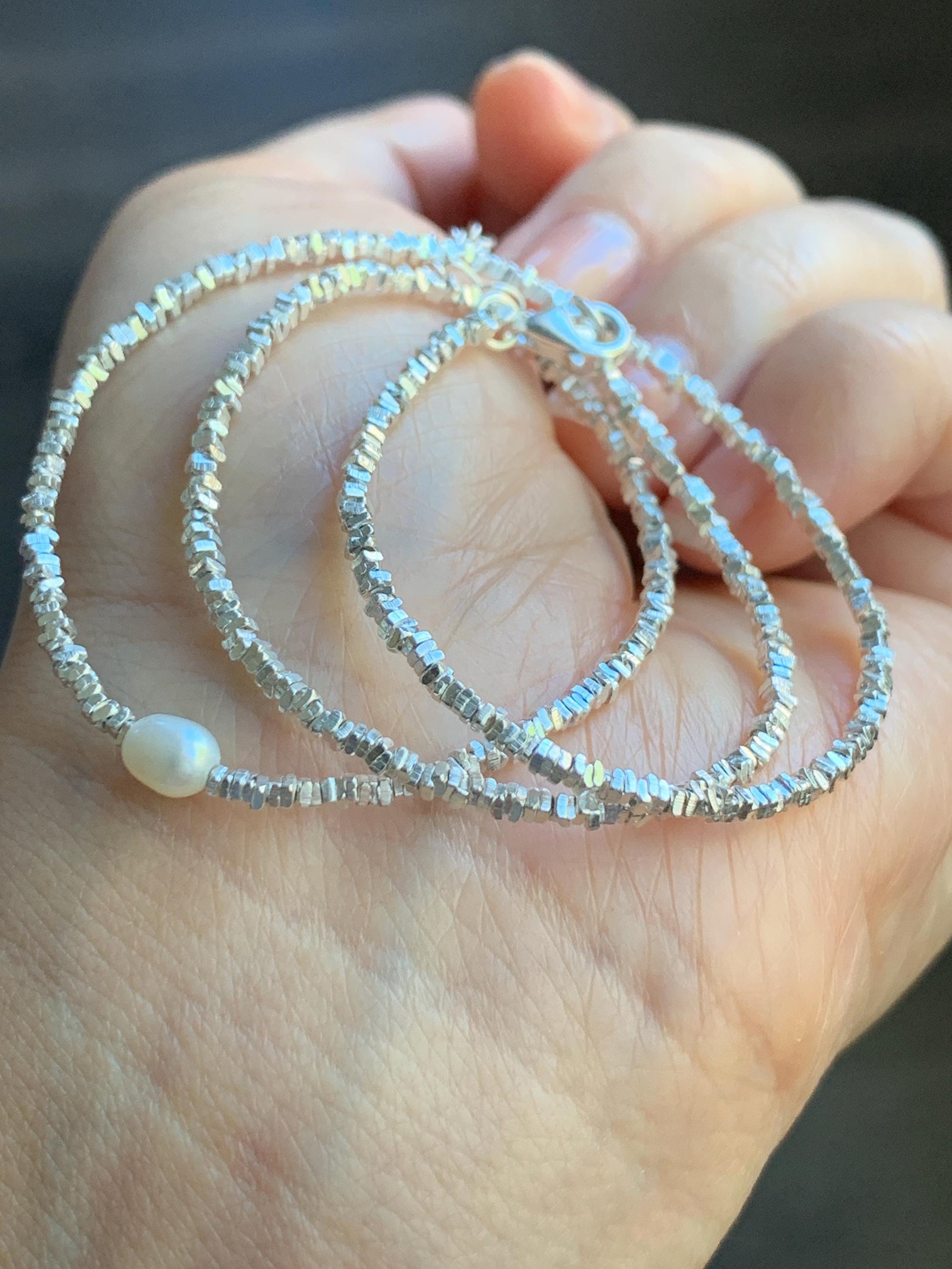 S925 Sterling Silver Triangle Beads & Natural Freshwater Pearl Beaded Chain Necklace Adjustable 15.5"-17.25” 7g 2mm S925纯银碎碎三角银珠珍珠项链