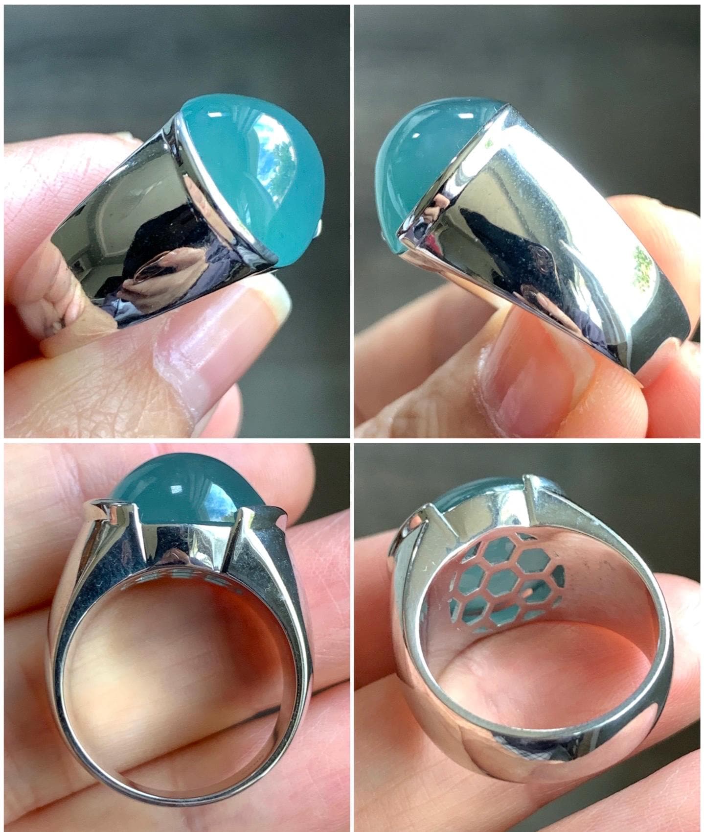 Certified Natural Guatemalan Icy Highly Translucent Teal Blue Jadeite Round Cabochon Solitaire Ring Sterling Silver size 8 天然冰危蓝水翡翠蛋面戒指 3034