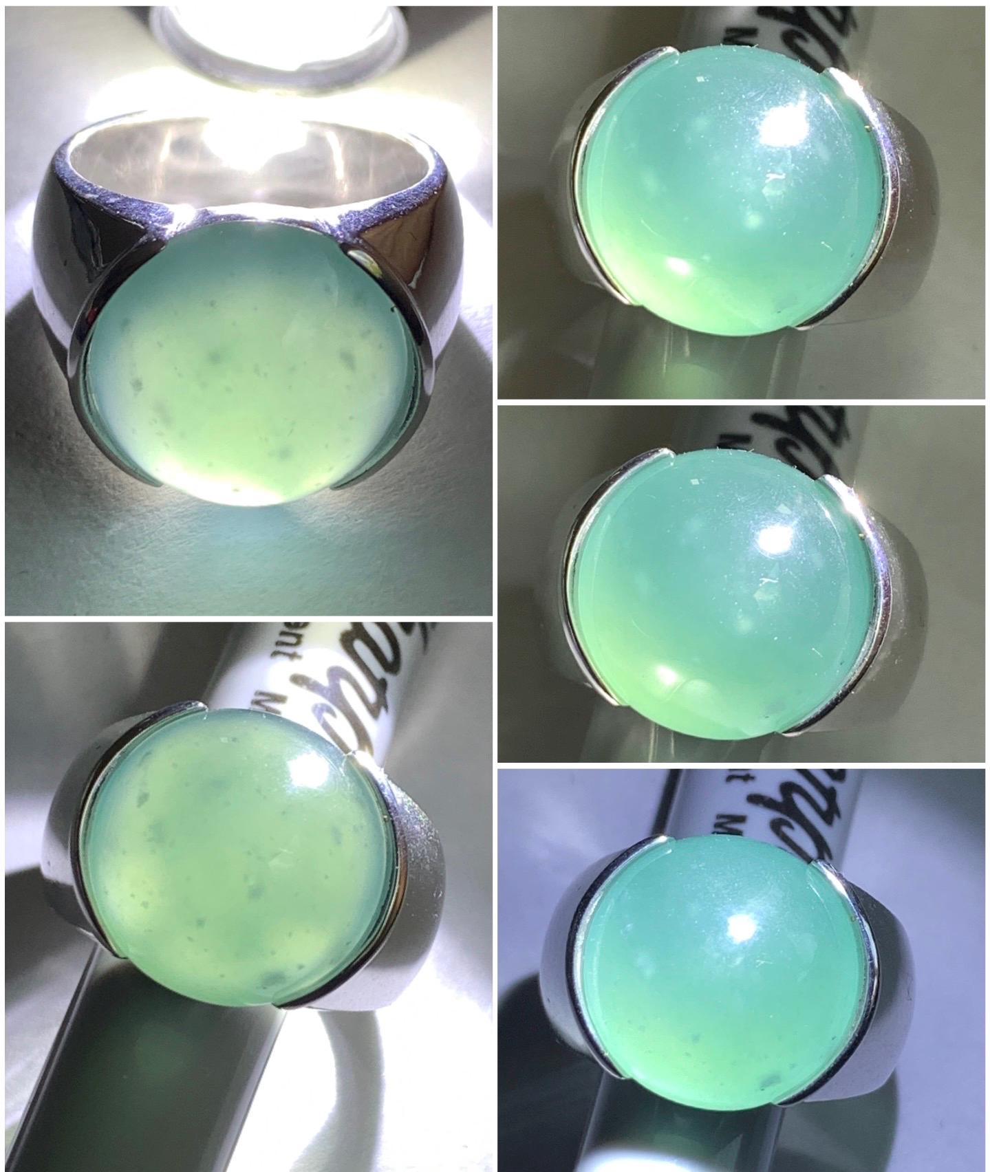 Certified Natural Guatemalan Icy Highly Translucent Teal Blue Jadeite Round Cabochon Solitaire Ring Sterling Silver size 8 天然冰危蓝水翡翠蛋面戒指 3034