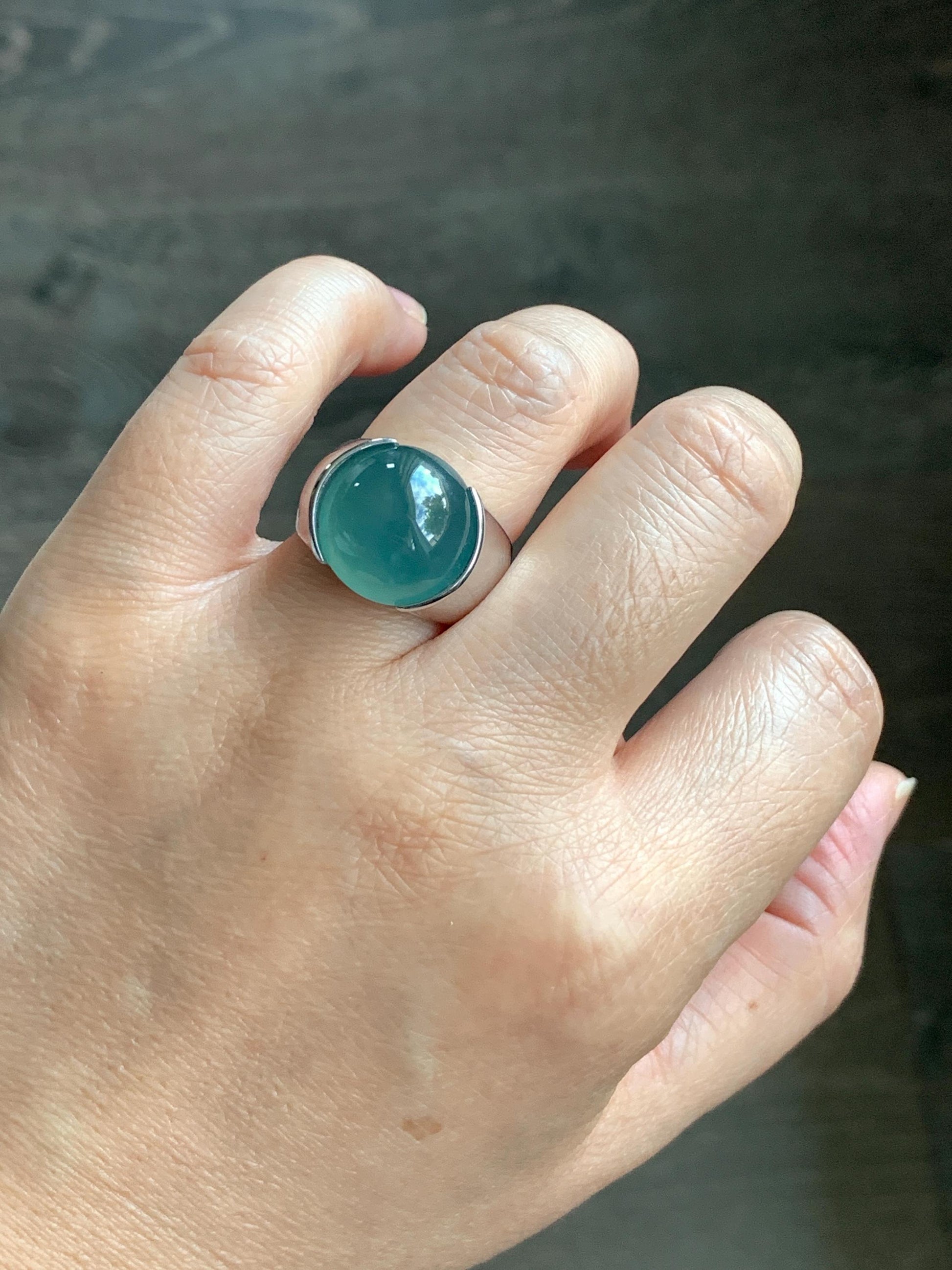 Certified Natural Guatemalan Icy Highly Translucent Teal Blue Jadeite Round Cabochon Solitaire Ring Sterling Silver size 8 天然冰危蓝水翡翠蛋面戒指 3034