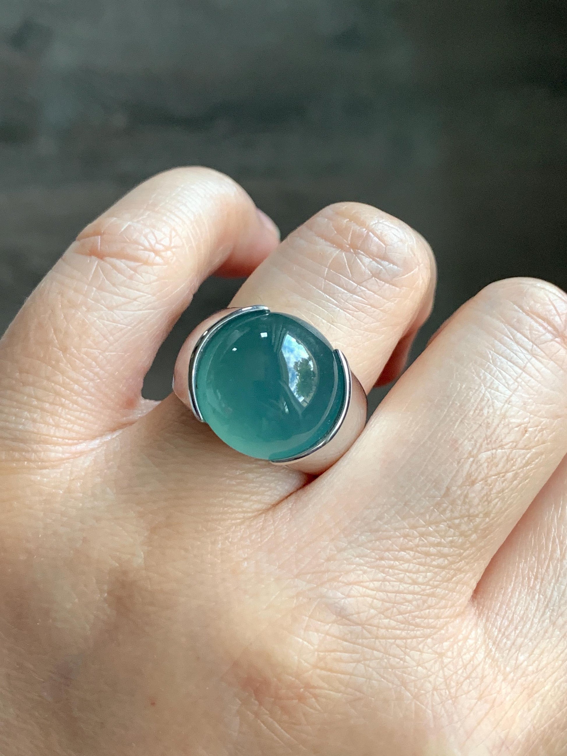 Certified Natural Guatemalan Icy Highly Translucent Teal Blue Jadeite Round Cabochon Solitaire Ring Sterling Silver size 8 天然冰危蓝水翡翠蛋面戒指 3034