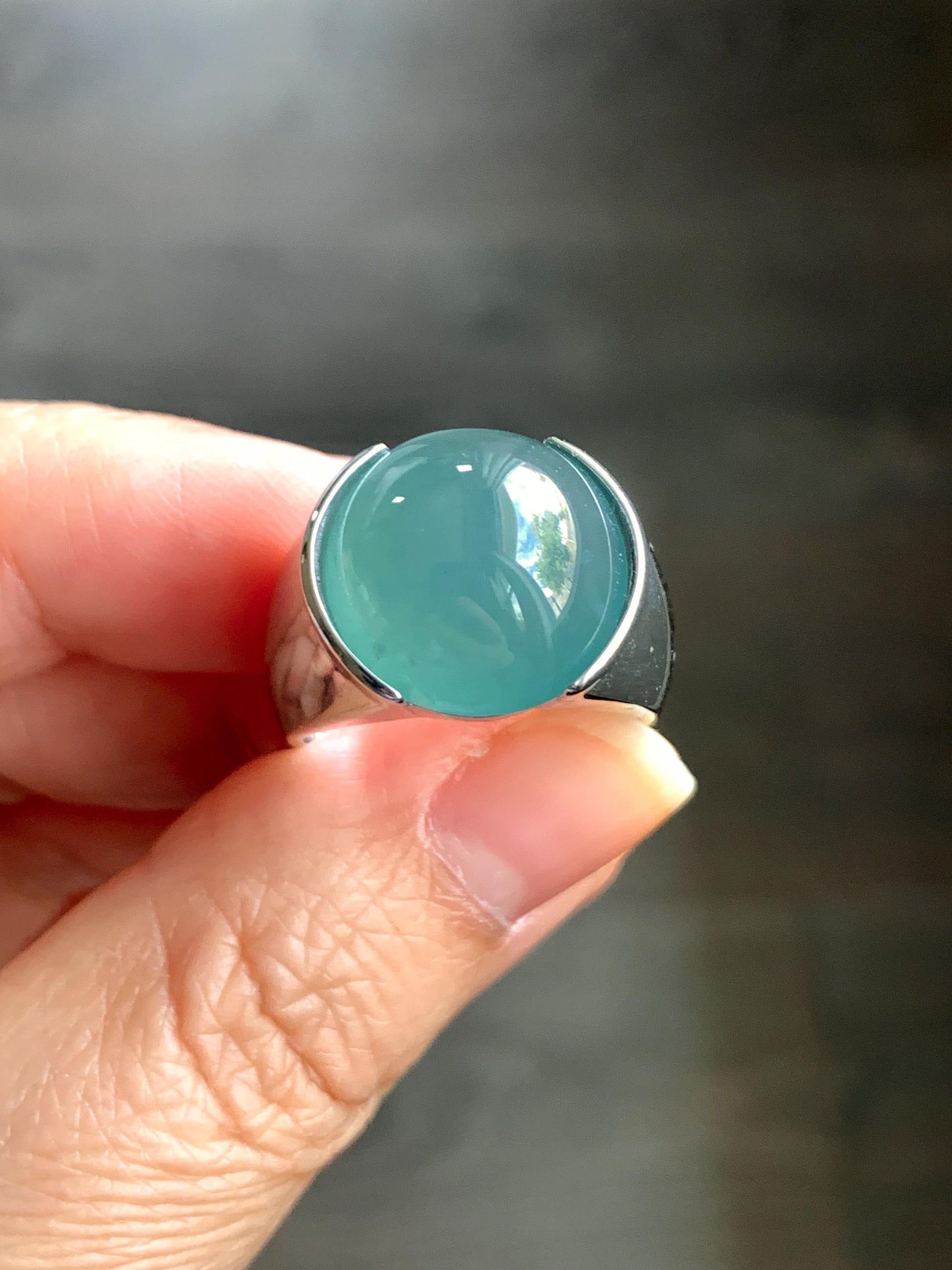 Certified Natural Guatemalan Icy Highly Translucent Teal Blue Jadeite Round Cabochon Solitaire Ring Sterling Silver size 8 天然冰危蓝水翡翠蛋面戒指 3034