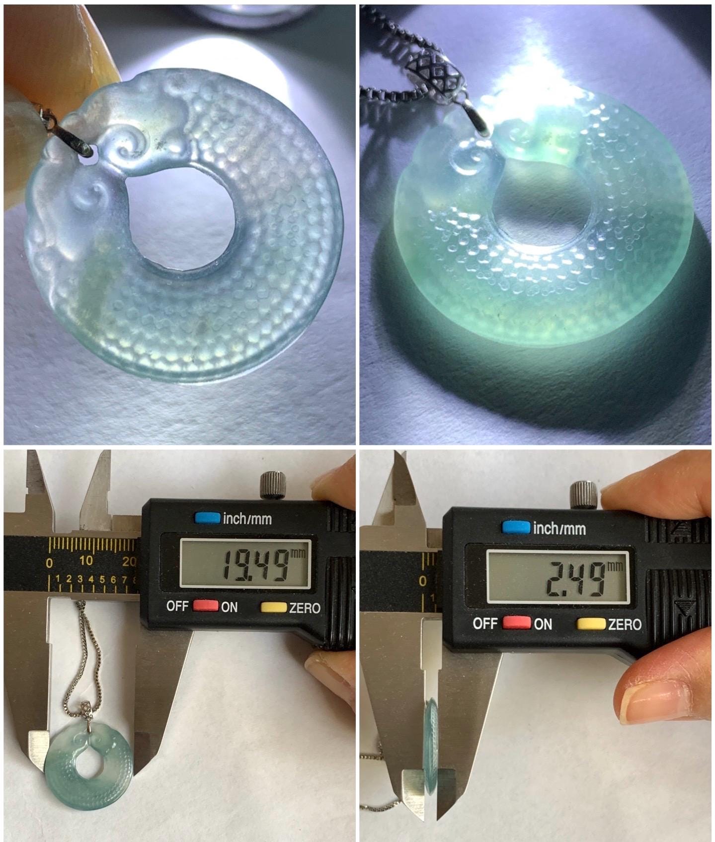Natural Guatemalan Icy Highly Translucent Light Blue Jadeite Double Dragon Ping An Kou Donut Pendant 18K White Gold 2g 天然冰危浅蓝翡翠双龙平安圈吊坠 B