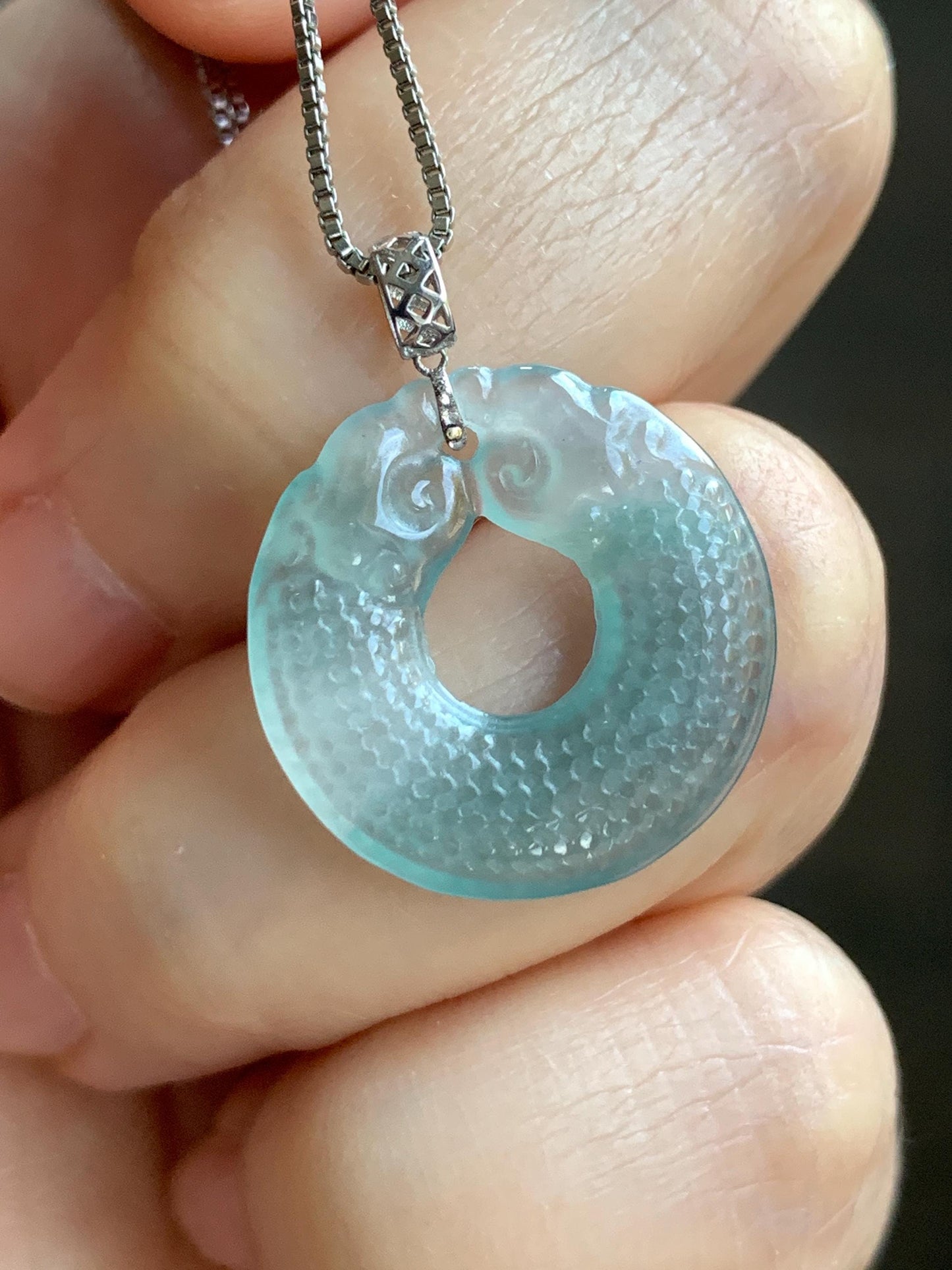 Natural Guatemalan Icy Highly Translucent Light Blue Jadeite Double Dragon Ping An Kou Donut Pendant 18K White Gold 2g 天然冰危浅蓝翡翠双龙平安圈吊坠 B