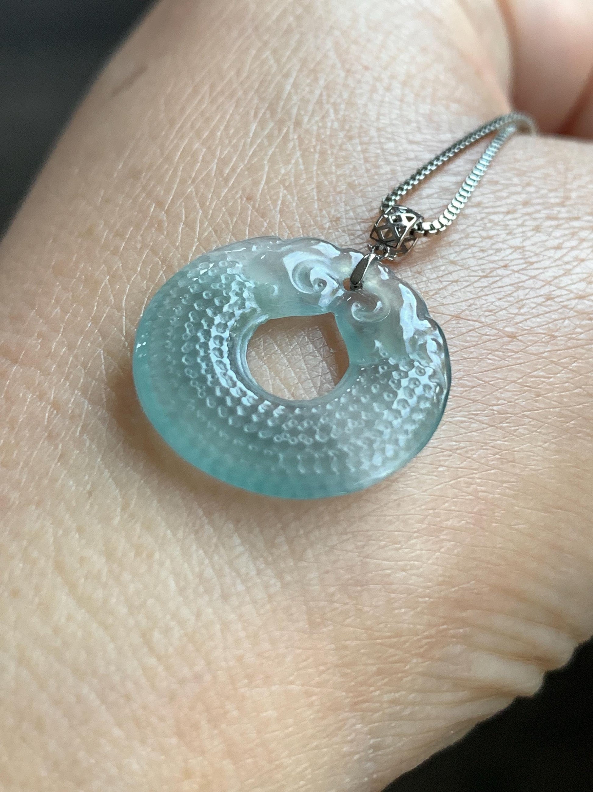 Natural Guatemalan Icy Highly Translucent Light Blue Jadeite Double Dragon Ping An Kou Donut Pendant 18K White Gold 2g 天然冰危浅蓝翡翠双龙平安圈吊坠 B