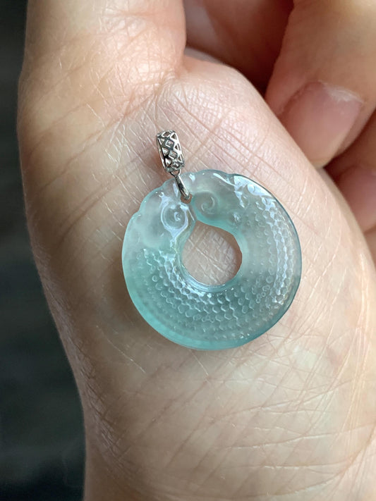 Natural Guatemalan Icy Highly Translucent Light Blue Jadeite Double Dragon Ping An Kou Donut Pendant 18K White Gold 2g 天然冰危浅蓝翡翠双龙平安圈吊坠 B