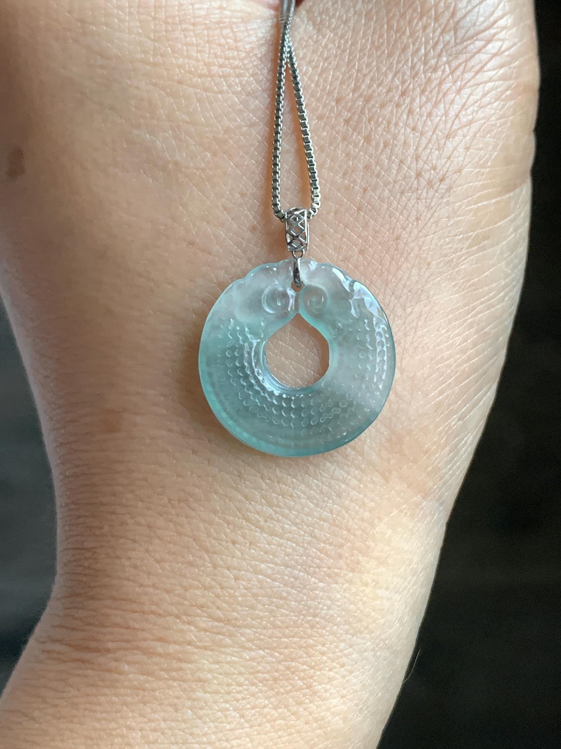 Natural Guatemalan Icy Highly Translucent Light Blue Jadeite Double Dragon Ping An Kou Donut Pendant 18K White Gold 2g 天然冰危浅蓝翡翠双龙平安圈吊坠 B