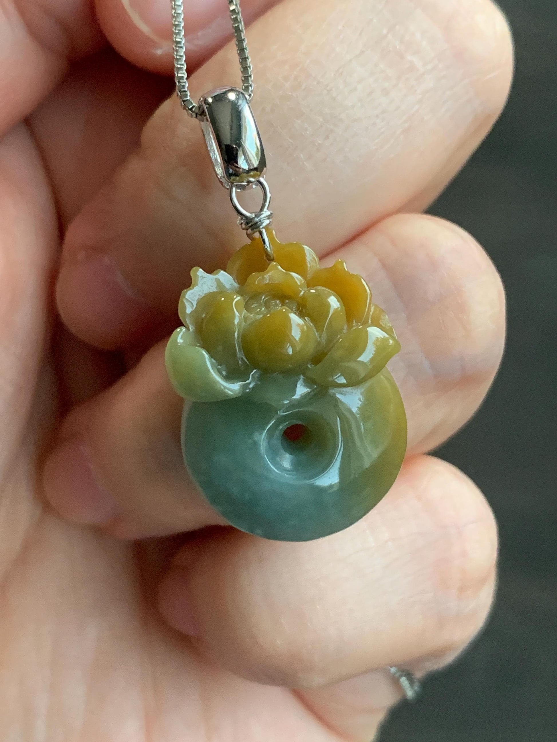 Natural Guatemalan Icy Translucent Light Dusty Blue Yellow Marbled Jadeite Lotus Flower Ping An Kou Donut Pendant 天然冰危蓝加黄翡翠莲花平安扣吊坠