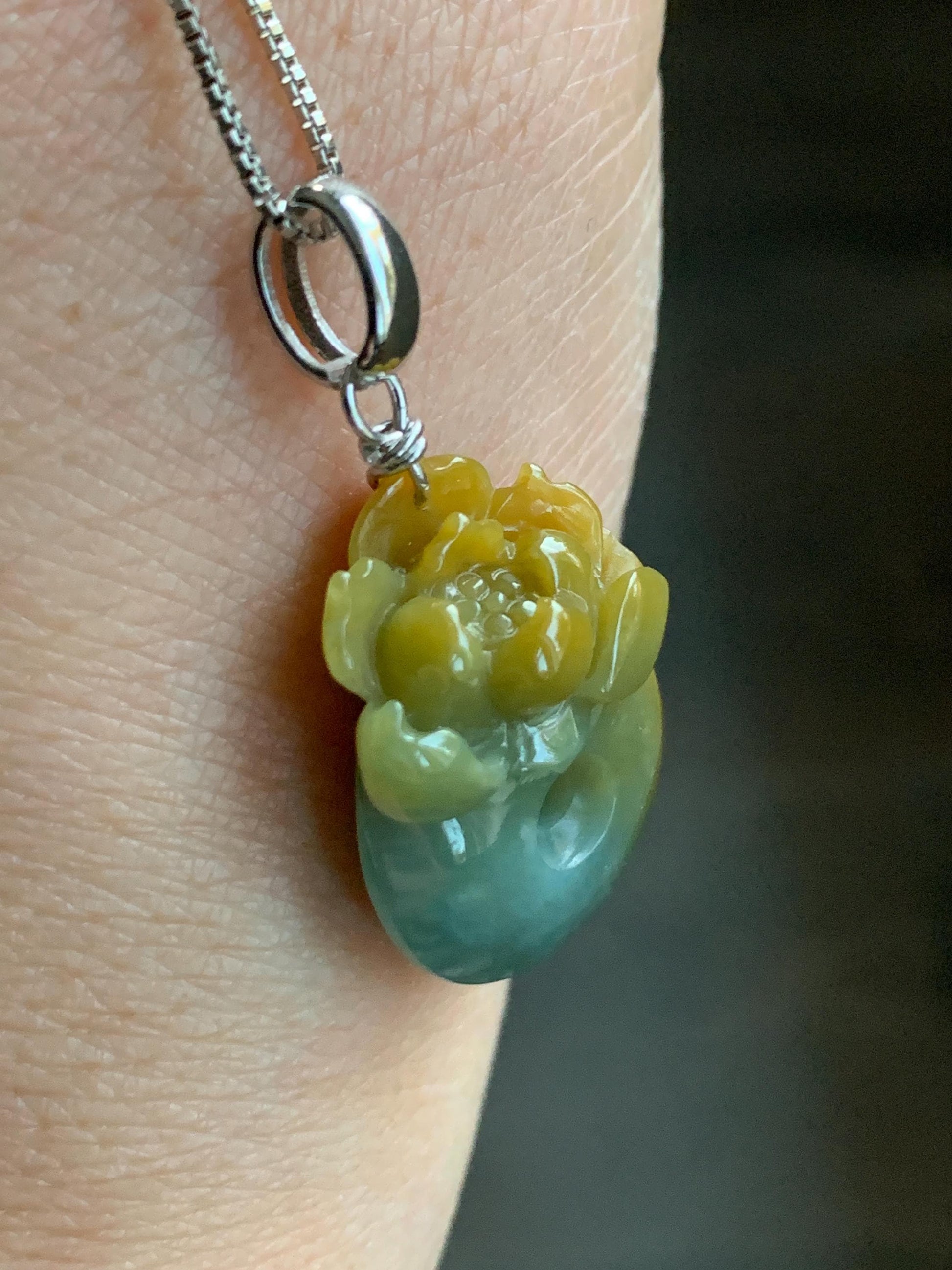 Natural Guatemalan Icy Translucent Light Dusty Blue Yellow Marbled Jadeite Lotus Flower Ping An Kou Donut Pendant 天然冰危蓝加黄翡翠莲花平安扣吊坠