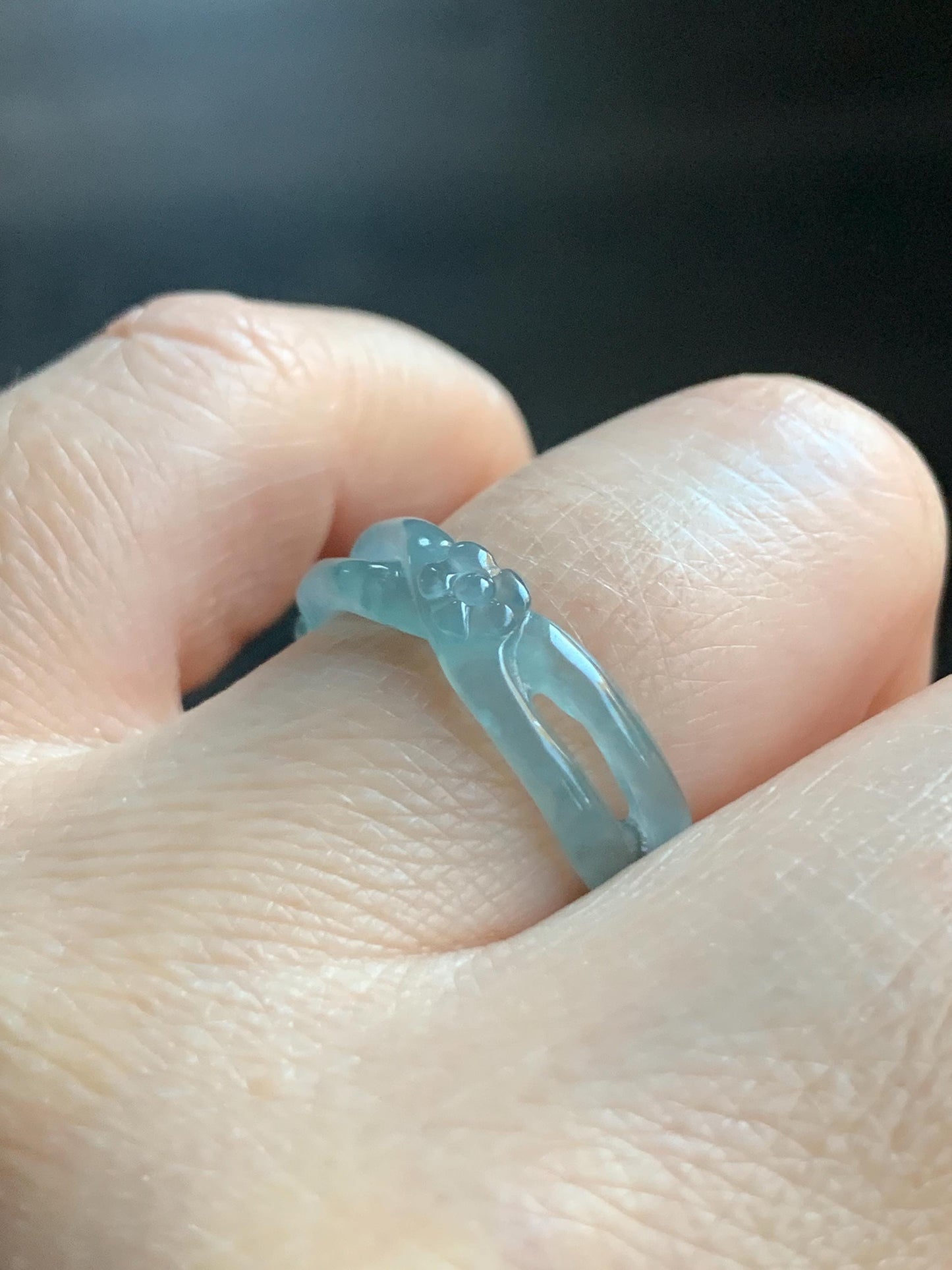 Natural Guatemalan Icy Highly Translucent Light Blue Jadeite Openwork Carved Cherry Blossom Band Ring Size 6.75 天然冰危起胶淡蓝翡翠镂空雕梅花戒圈