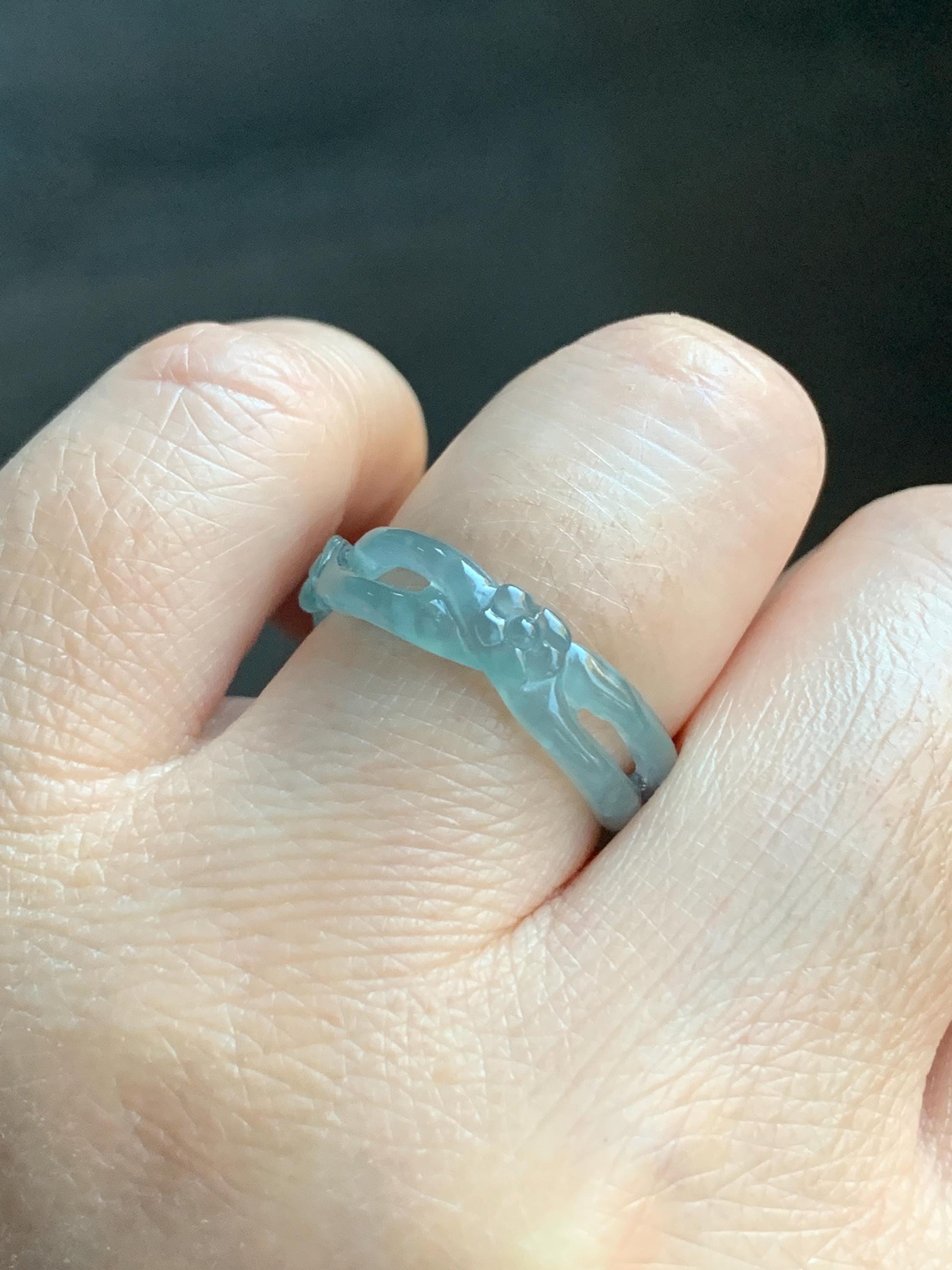 Natural Guatemalan Icy Highly Translucent Light Blue Jadeite Openwork Carved Cherry Blossom Band Ring Size 6.75 天然冰危起胶淡蓝翡翠镂空雕梅花戒圈