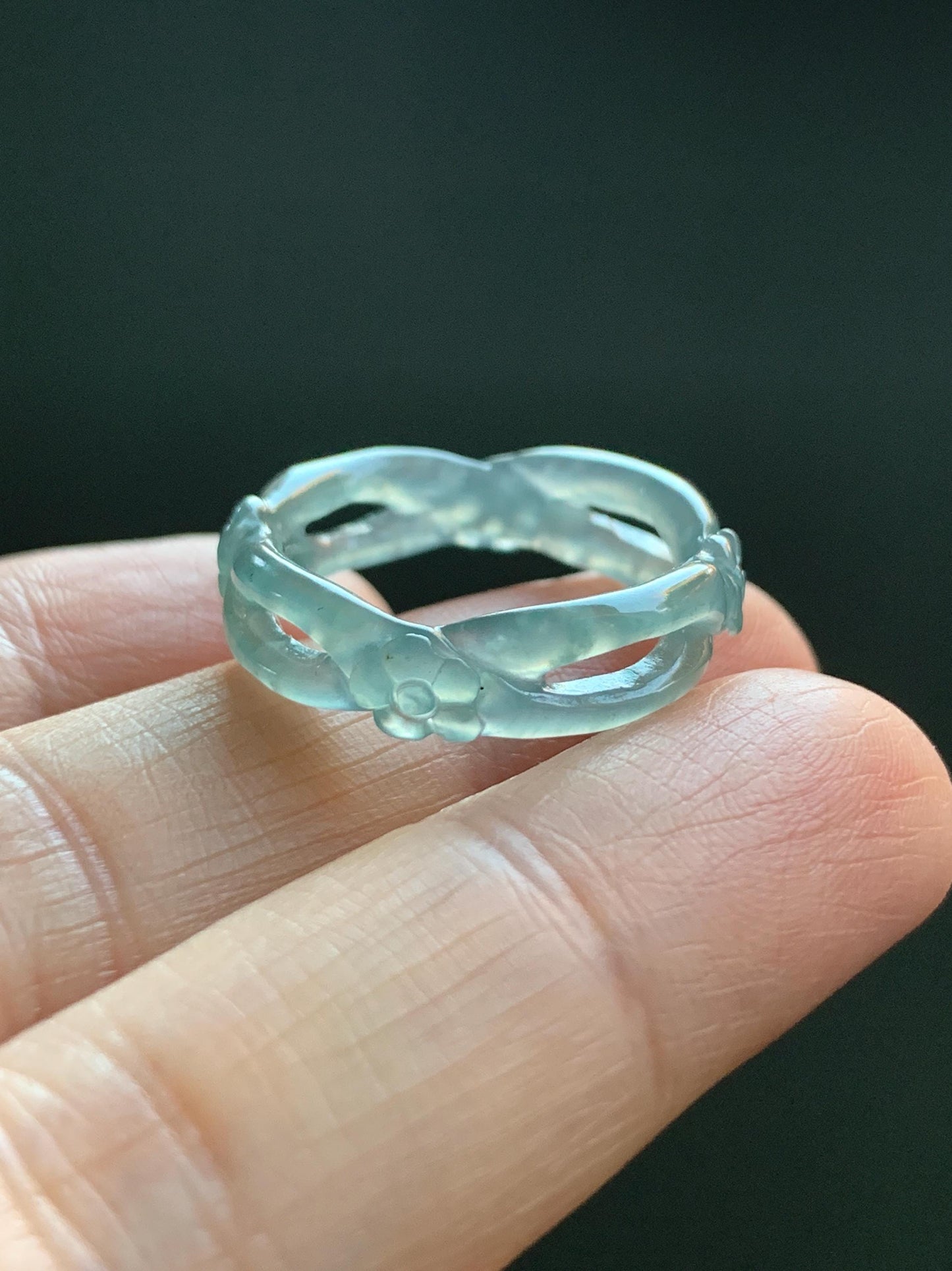 Natural Guatemalan Icy Highly Translucent Light Blue Jadeite Openwork Carved Cherry Blossom Band Ring Size 6.75 天然冰危起胶淡蓝翡翠镂空雕梅花戒圈