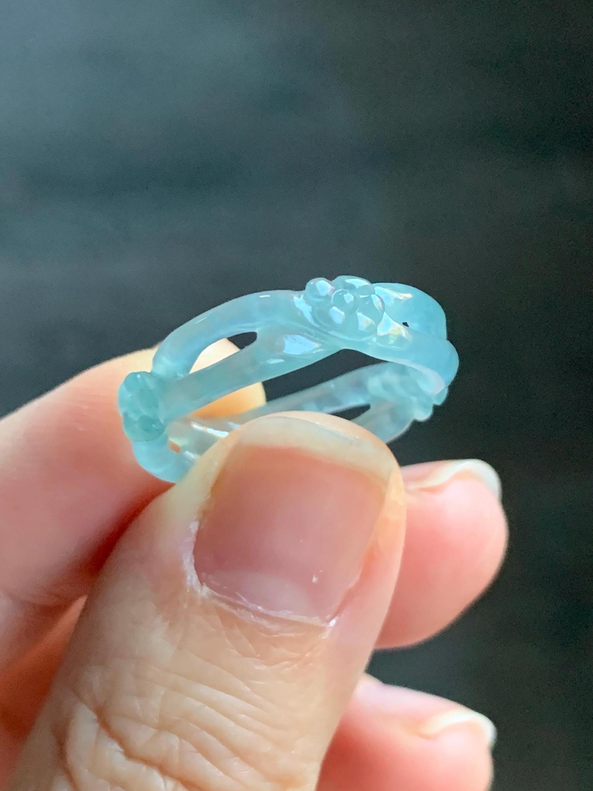 Natural Guatemalan Icy Highly Translucent Light Blue Jadeite Openwork Carved Cherry Blossom Band Ring Size 6.75 天然冰危起胶淡蓝翡翠镂空雕梅花戒圈