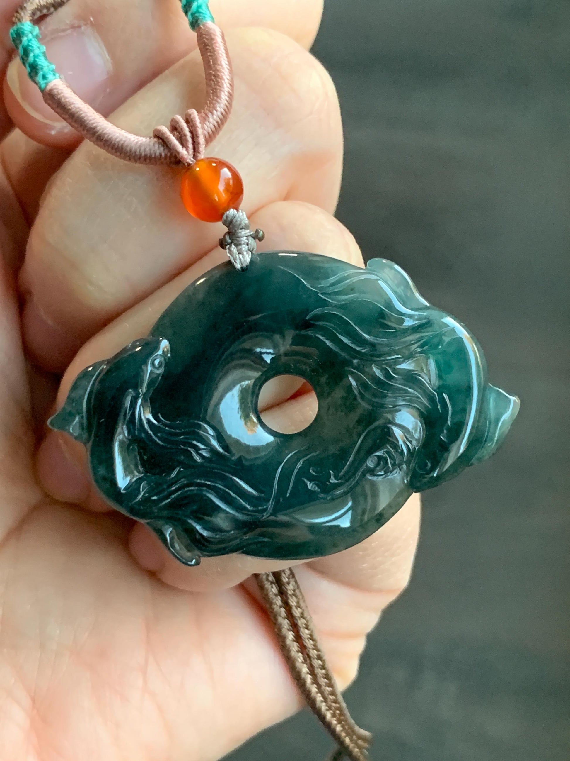 Natural Guatemalan Icy Translucent Dark Teal Green Jadeite Double Koi Fish Ping An Kou Donut Pendant Rope Necklace 26" 天然冰危深蓝绿翡翠双鱼平安扣吊坠
