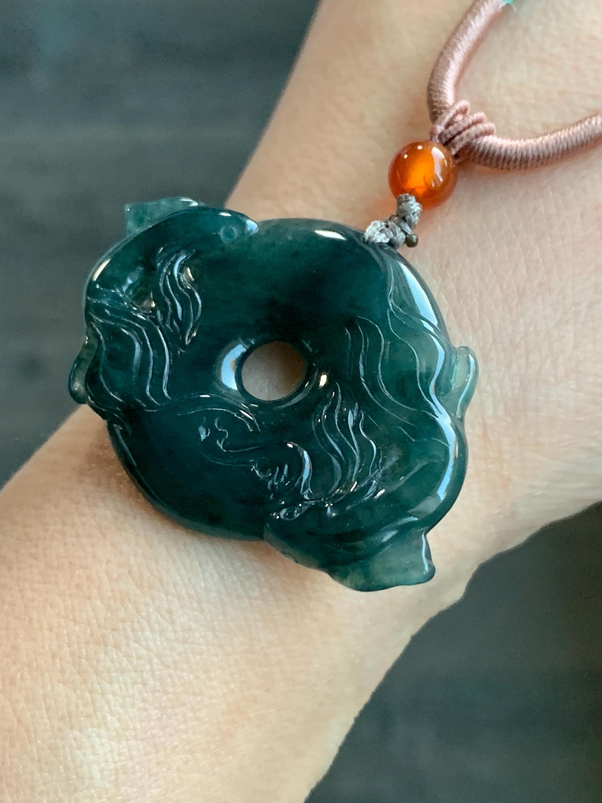 Natural Guatemalan Icy Translucent Dark Teal Green Jadeite Double Koi Fish Ping An Kou Donut Pendant Rope Necklace 26" 天然冰危深蓝绿翡翠双鱼平安扣吊坠