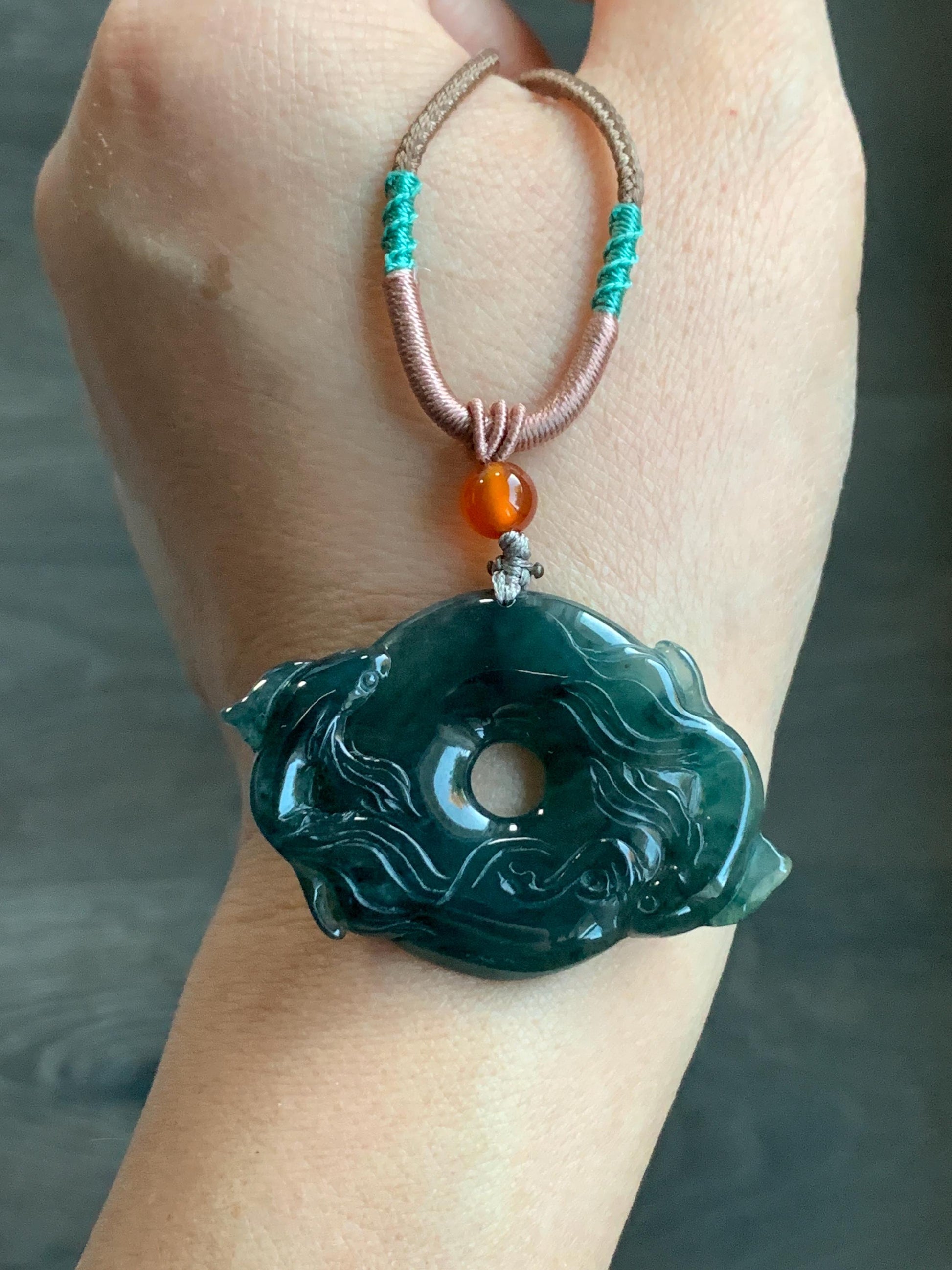 Natural Guatemalan Icy Translucent Dark Teal Green Jadeite Double Koi Fish Ping An Kou Donut Pendant Rope Necklace 26" 天然冰危深蓝绿翡翠双鱼平安扣吊坠