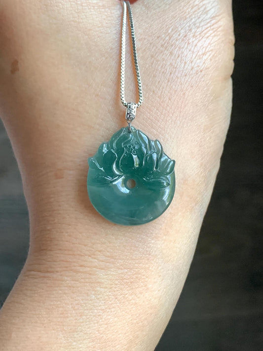 Natural Guatemalan Icy Translucent Dark Teal Blue Jadeite Lotus Flower Ping An Kou Donut Pendant 18K White Gold 4g 天然冰危深蓝翡翠莲花平安扣吊坠