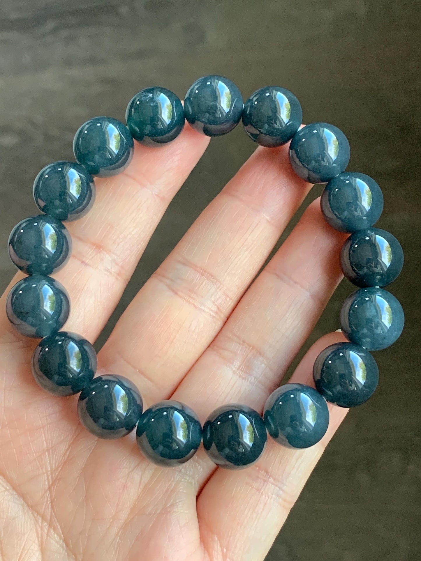 Certified Natural Guatemalan Grade A Icy Translucent Dark Blue Wuji Jadeite Large Beads Beaded Bracelet 12mm 7.75” 55.49g 天然冰胶危深蓝乌鸡翡翠手串 3003