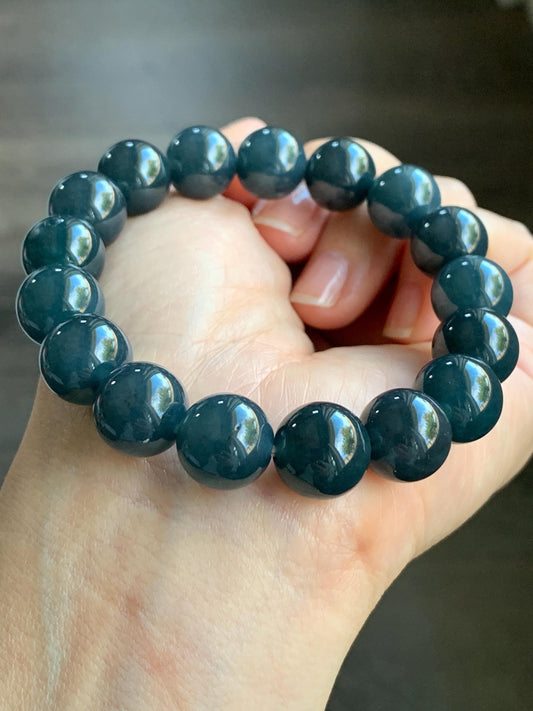 Certified Natural Guatemalan Grade A Icy Translucent Dark Blue Wuji Jadeite Large Beads Beaded Bracelet 12mm 7.75” 55.49g 天然冰胶危深蓝乌鸡翡翠手串 3003