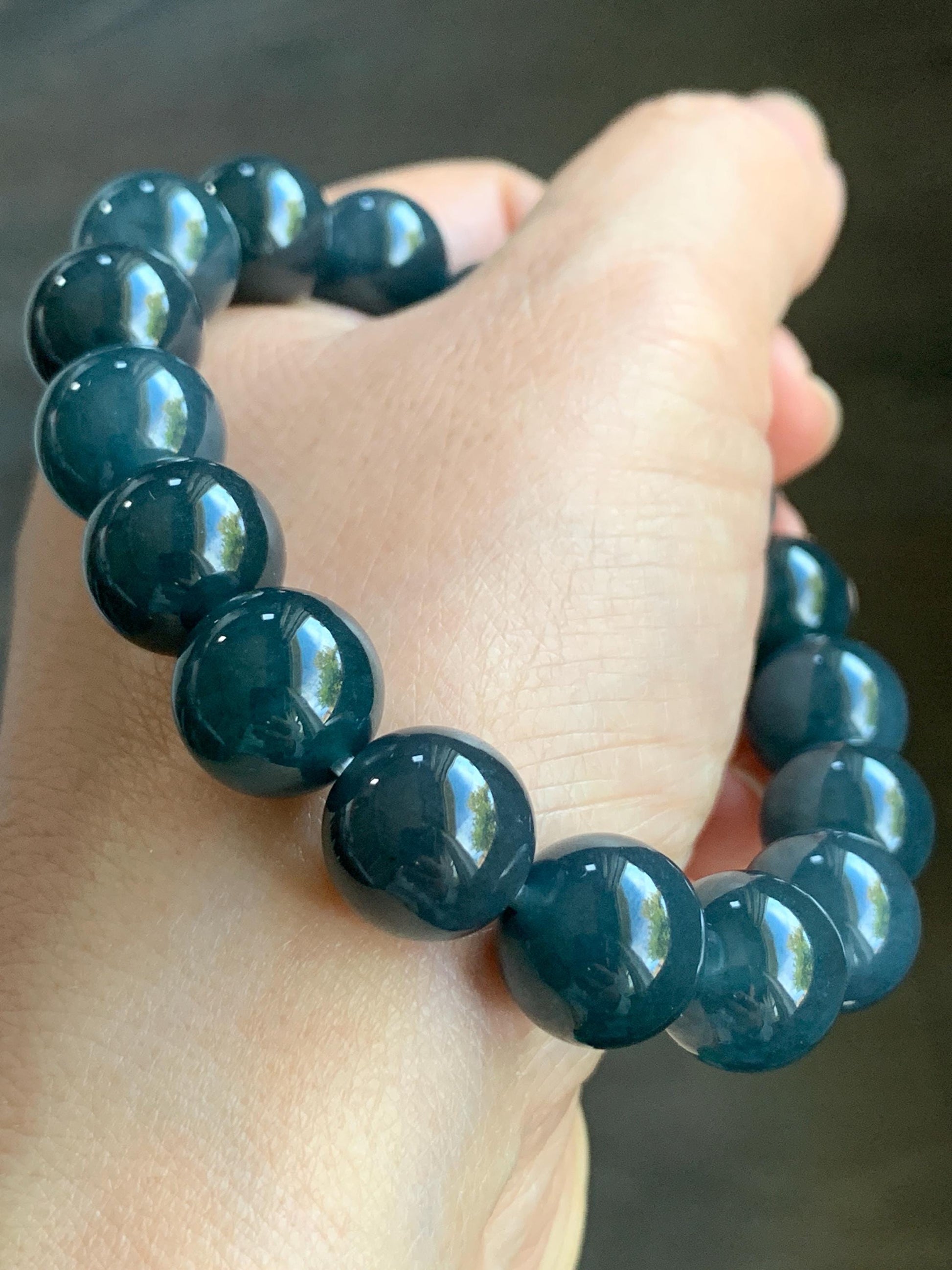 Certified Natural Guatemalan Grade A Icy Translucent Dark Blue Wuji Jadeite Large Beads Beaded Bracelet 12mm 7.75” 55.49g 天然冰胶危深蓝乌鸡翡翠手串 3003