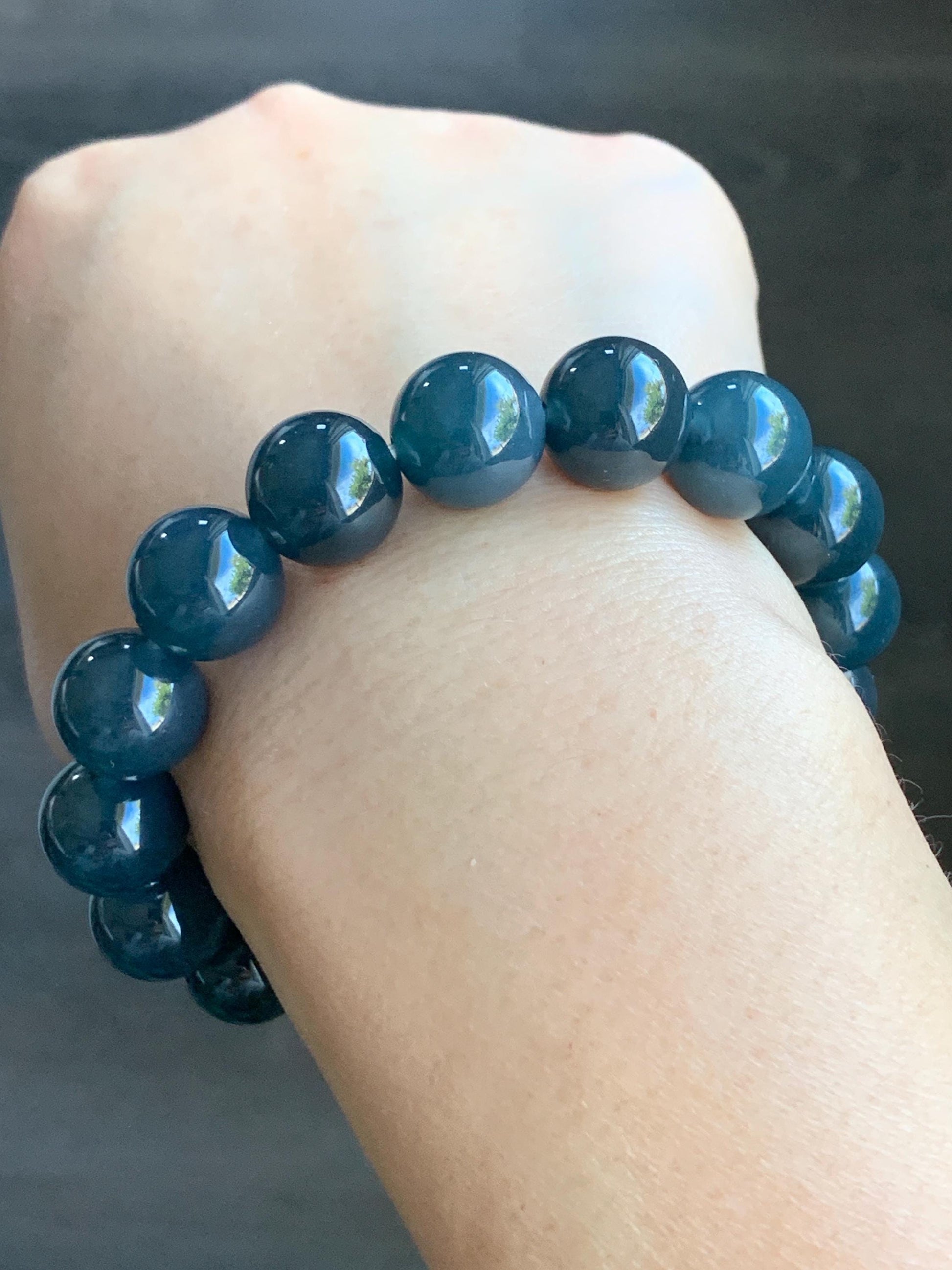 Certified Natural Guatemalan Grade A Icy Translucent Dark Blue Wuji Jadeite Large Beads Beaded Bracelet 12mm 7.75” 55.49g 天然冰胶危深蓝乌鸡翡翠手串 3003