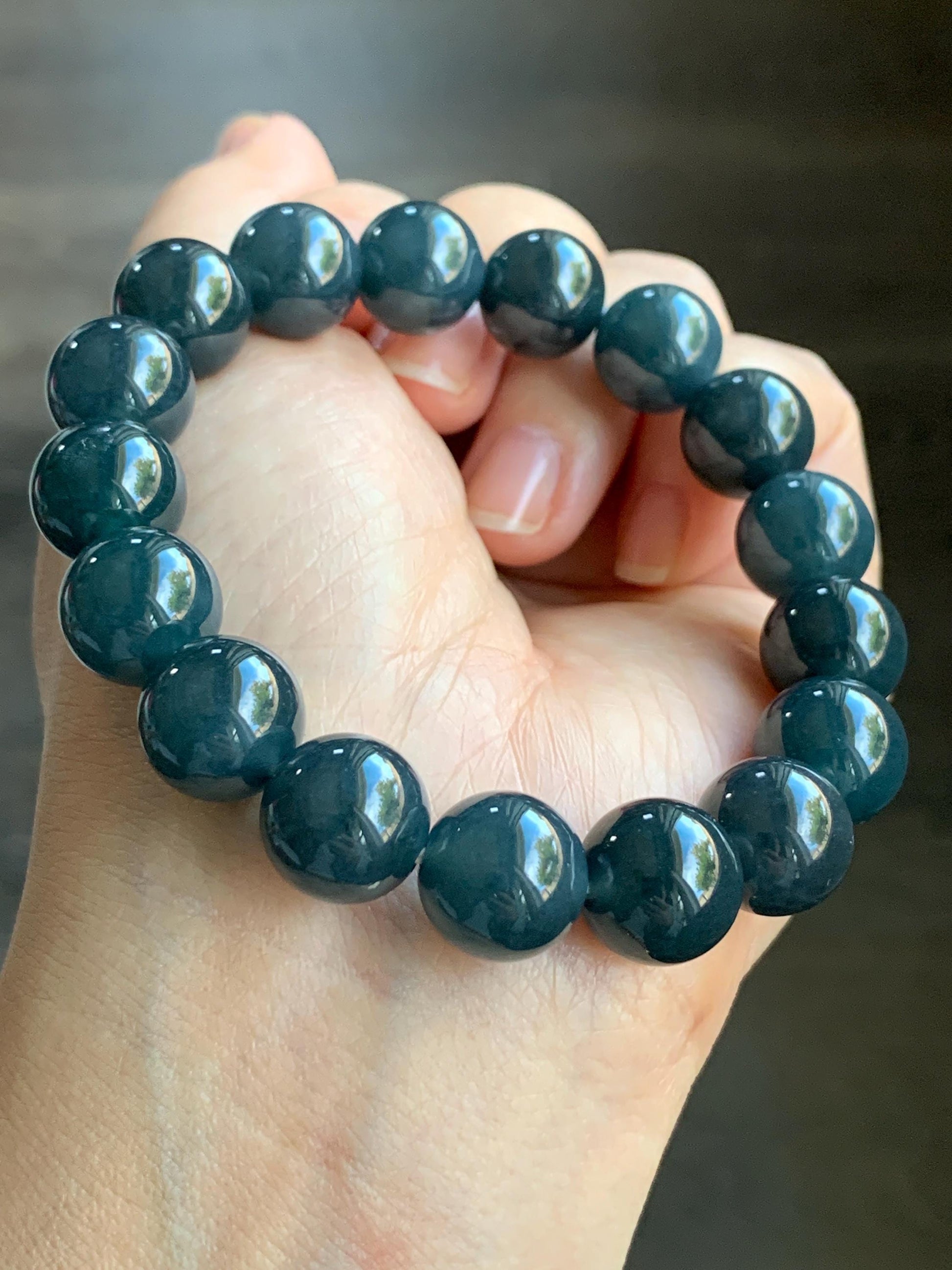 Certified Natural Guatemalan Grade A Icy Translucent Dark Blue Wuji Jadeite Large Beads Beaded Bracelet 12mm 7.75” 55.49g 天然冰胶危深蓝乌鸡翡翠手串 3003