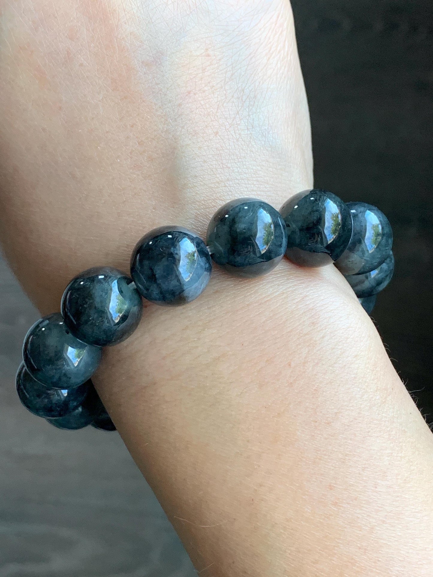 Certified Natural Burmese Icy Translucent Dark Wuji Jadeite Large Beads Beaded Bracelet 14mm 7.75” 74.62g 天然缅甸大卡糯冰种乌鸡翡翠手串 3002