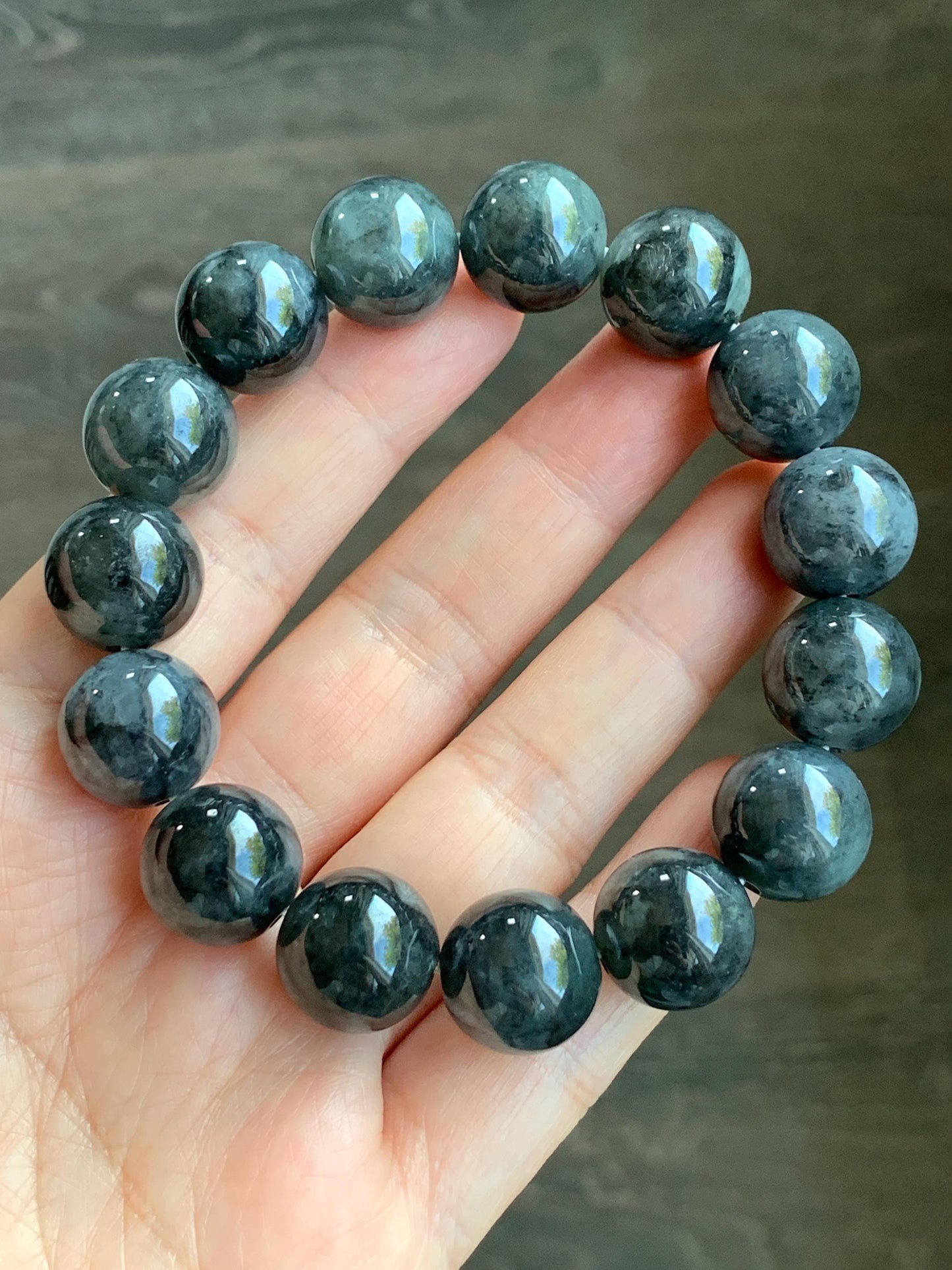 Certified Natural Burmese Icy Translucent Dark Wuji Jadeite Large Beads Beaded Bracelet 14mm 7.75” 74.62g 天然缅甸大卡糯冰种乌鸡翡翠手串 3002