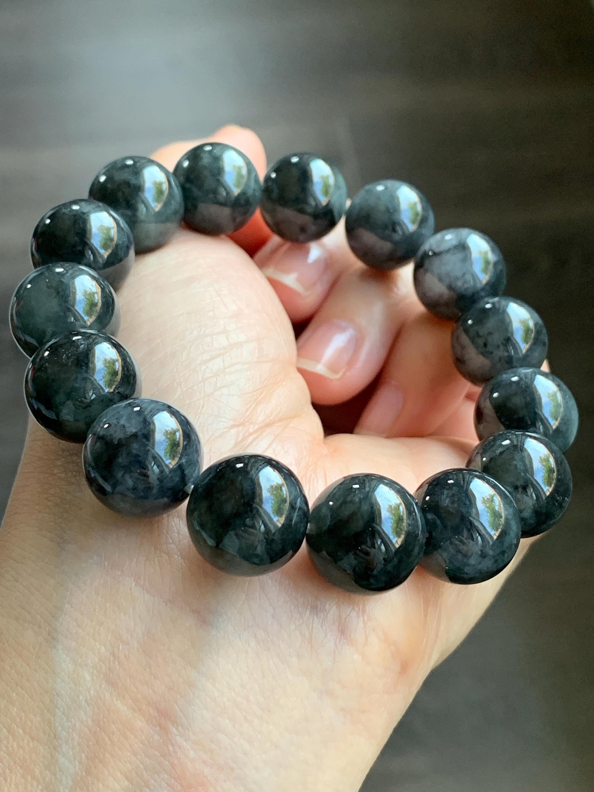 Certified Natural Burmese Icy Translucent Dark Wuji Jadeite Large Beads Beaded Bracelet 14mm 7.75” 74.62g 天然缅甸大卡糯冰种乌鸡翡翠手串 3002