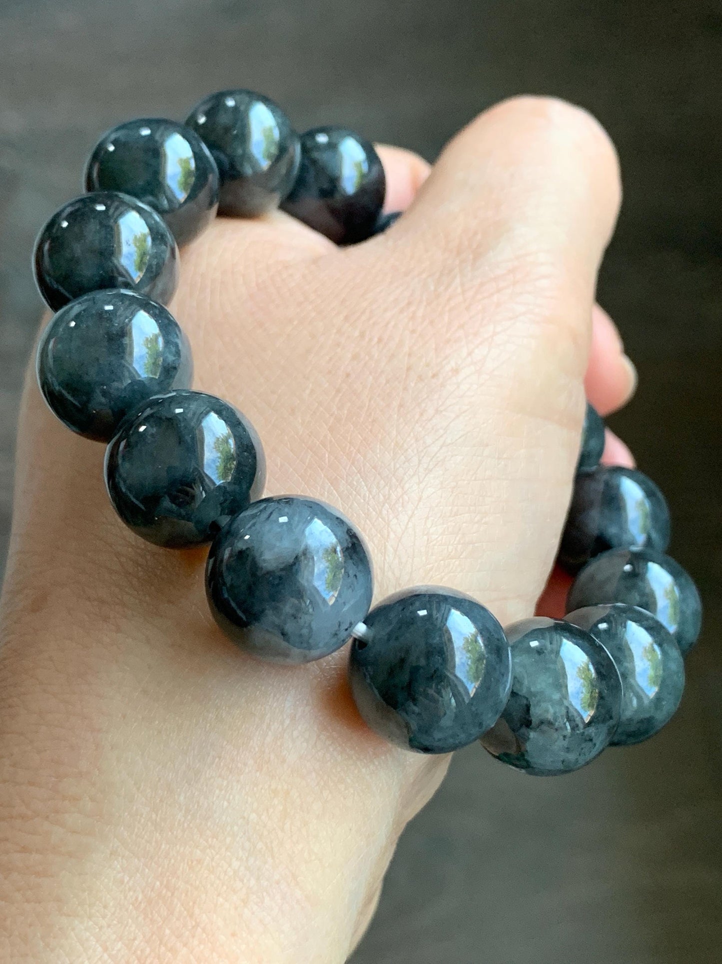 Certified Natural Burmese Icy Translucent Dark Wuji Jadeite Large Beads Beaded Bracelet 14mm 7.75” 74.62g 天然缅甸大卡糯冰种乌鸡翡翠手串 3002